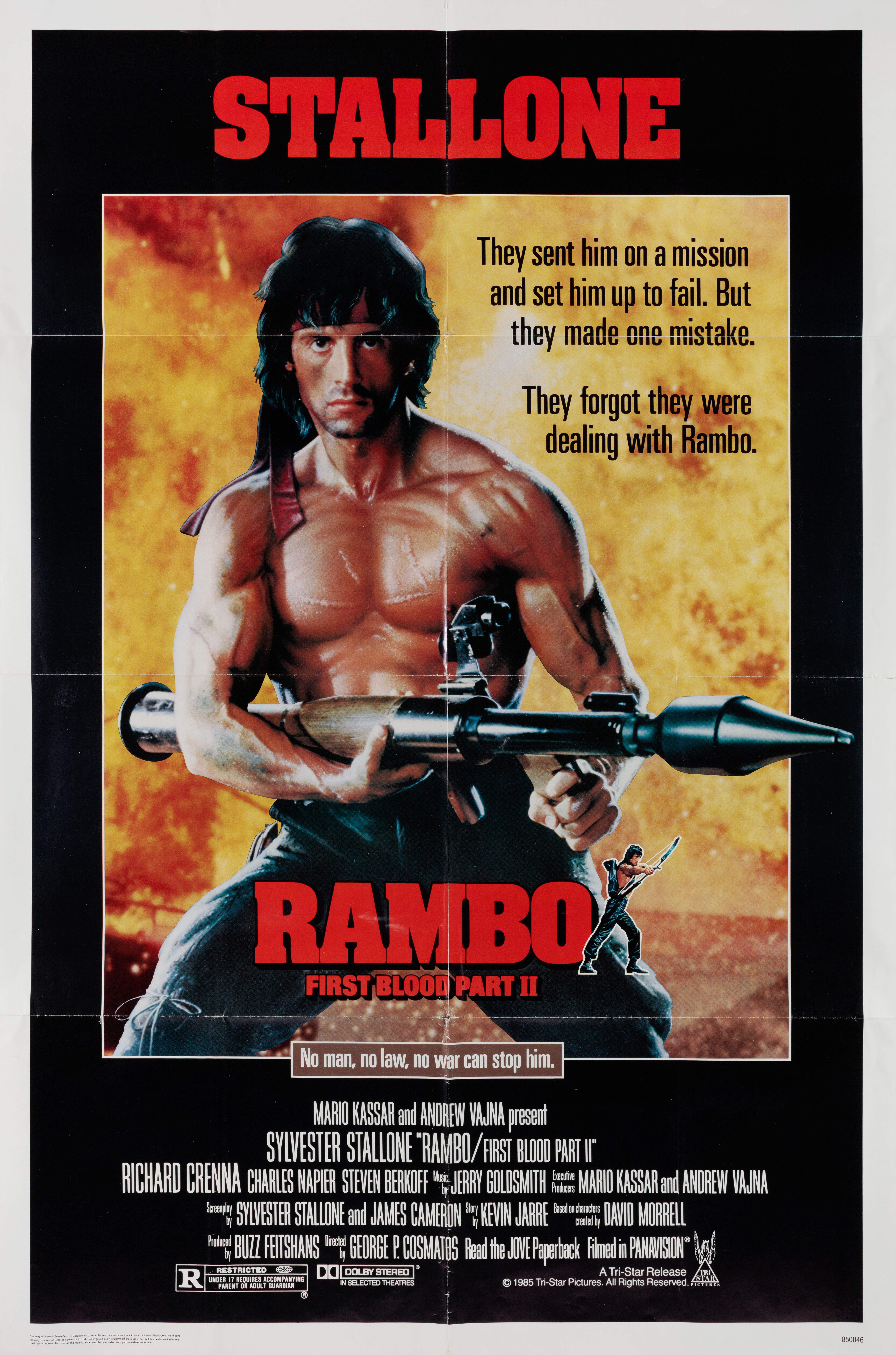 Рэмбо: Первая кровь 2 (Rambo: First Blood Part II, 1985), режиссёр Джордж П. Косматос, американский постер к фильму, 1985 год
