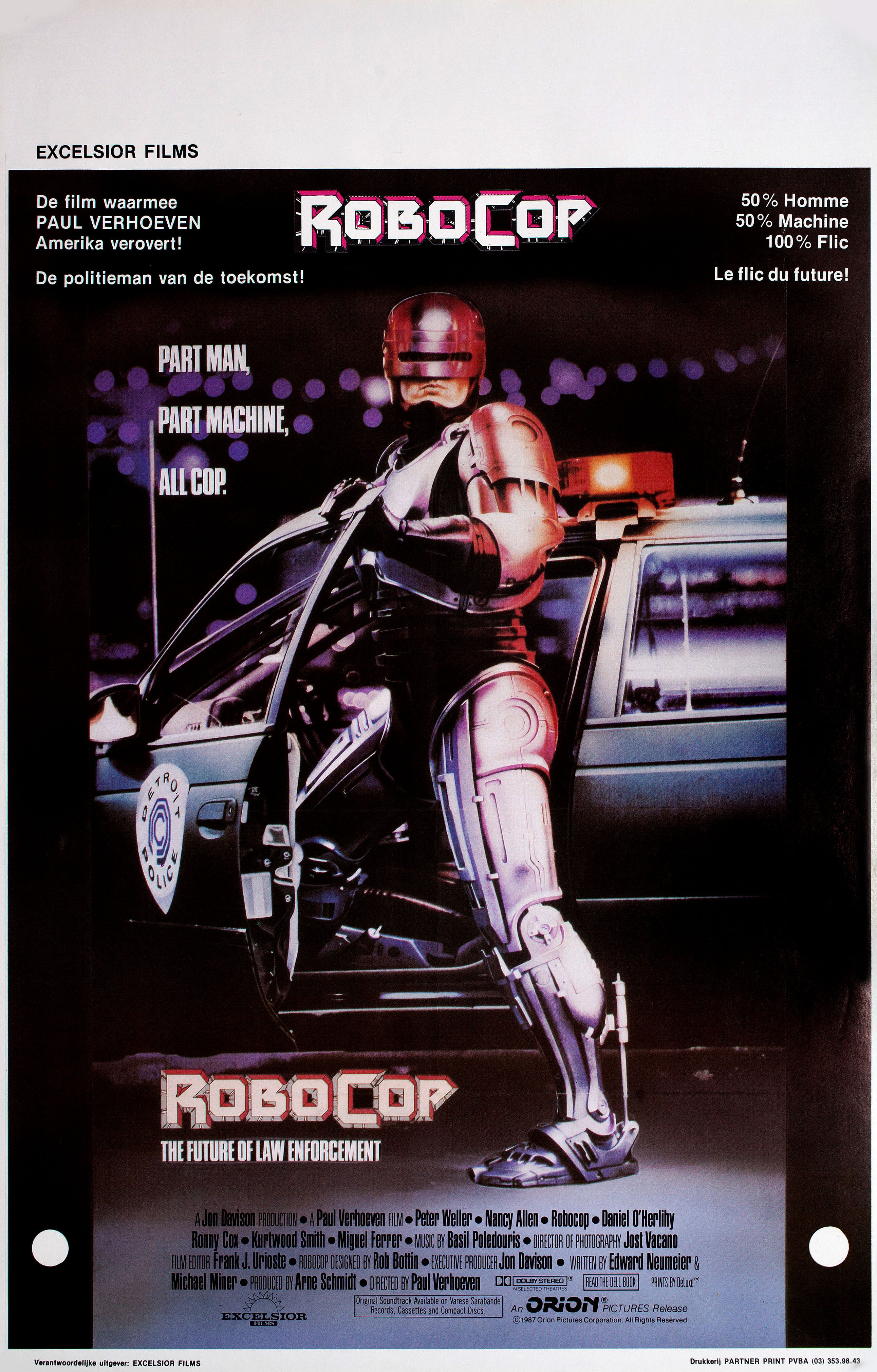 Робокоп (RoboCop, 1987), режиссёр Пол Верховен, бельгийский постер к фильму, автор Майк Брайан, 1987 год