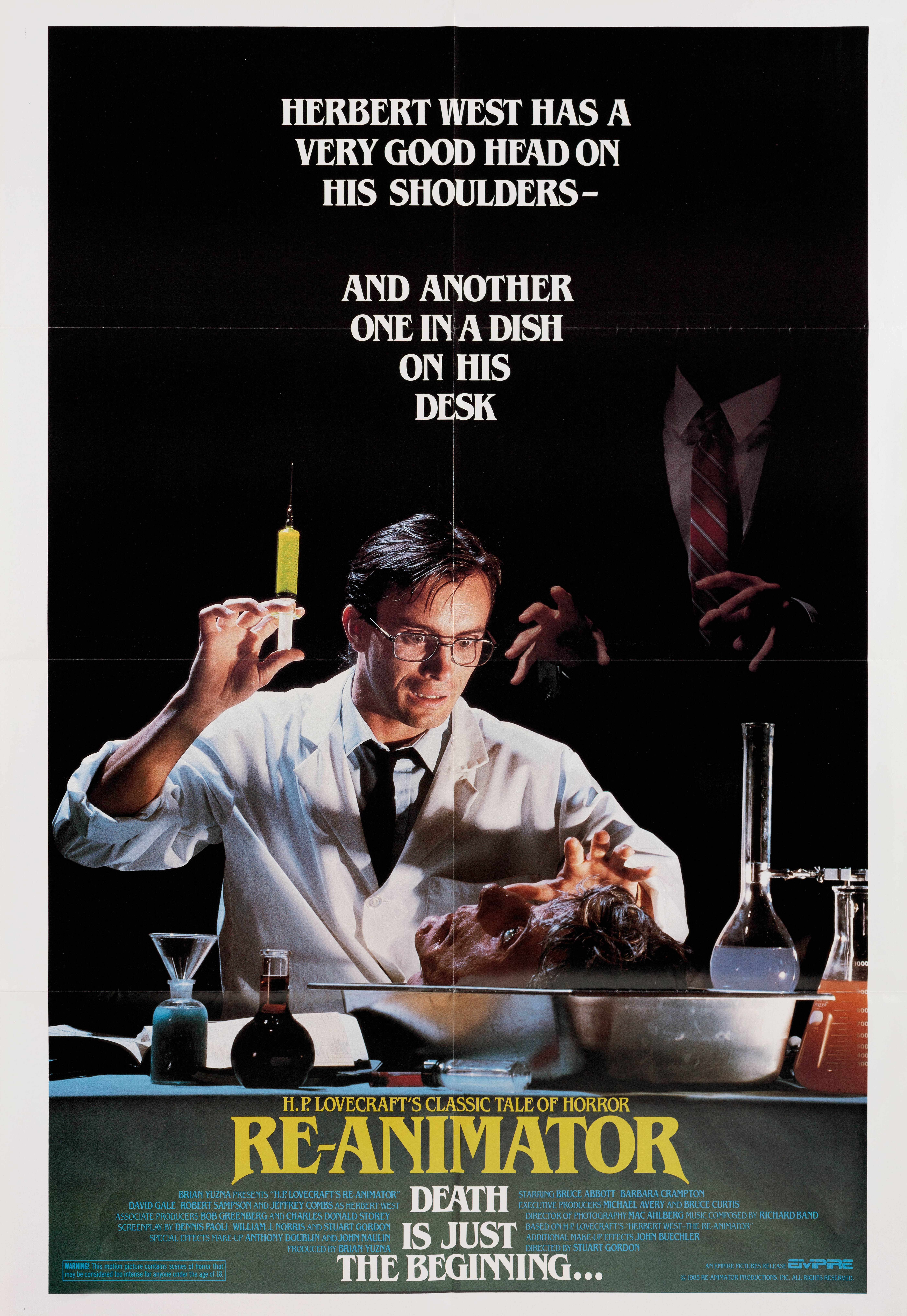 Реаниматор (Re-Animator, 1985), режиссёр Стюарт Гордон, американский постер к фильму, 1985 год (1)