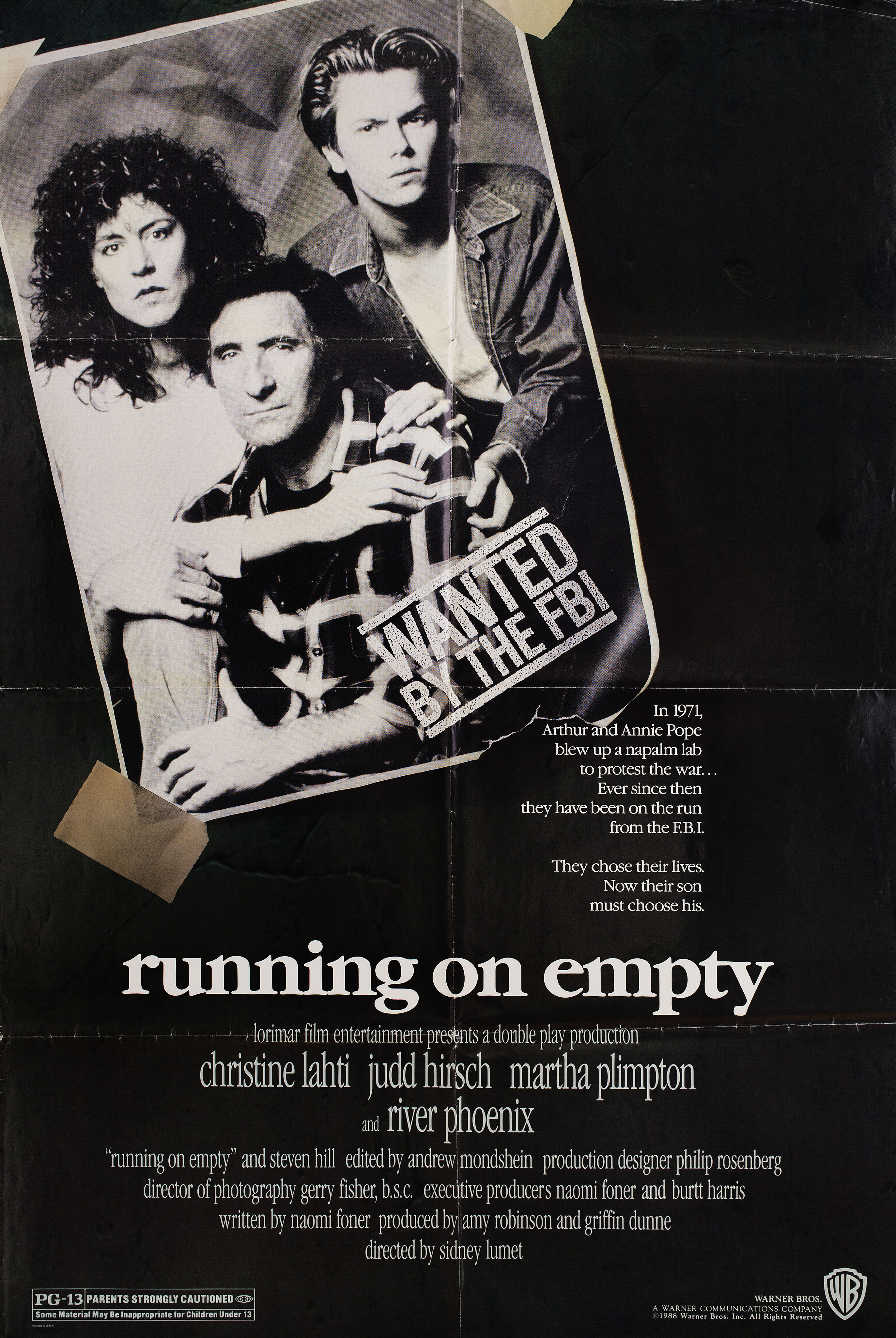 На холостом ходу (Running on Empty, 1988), режиссёр Сидни Люмет, американский постер к фильму, 1988 год