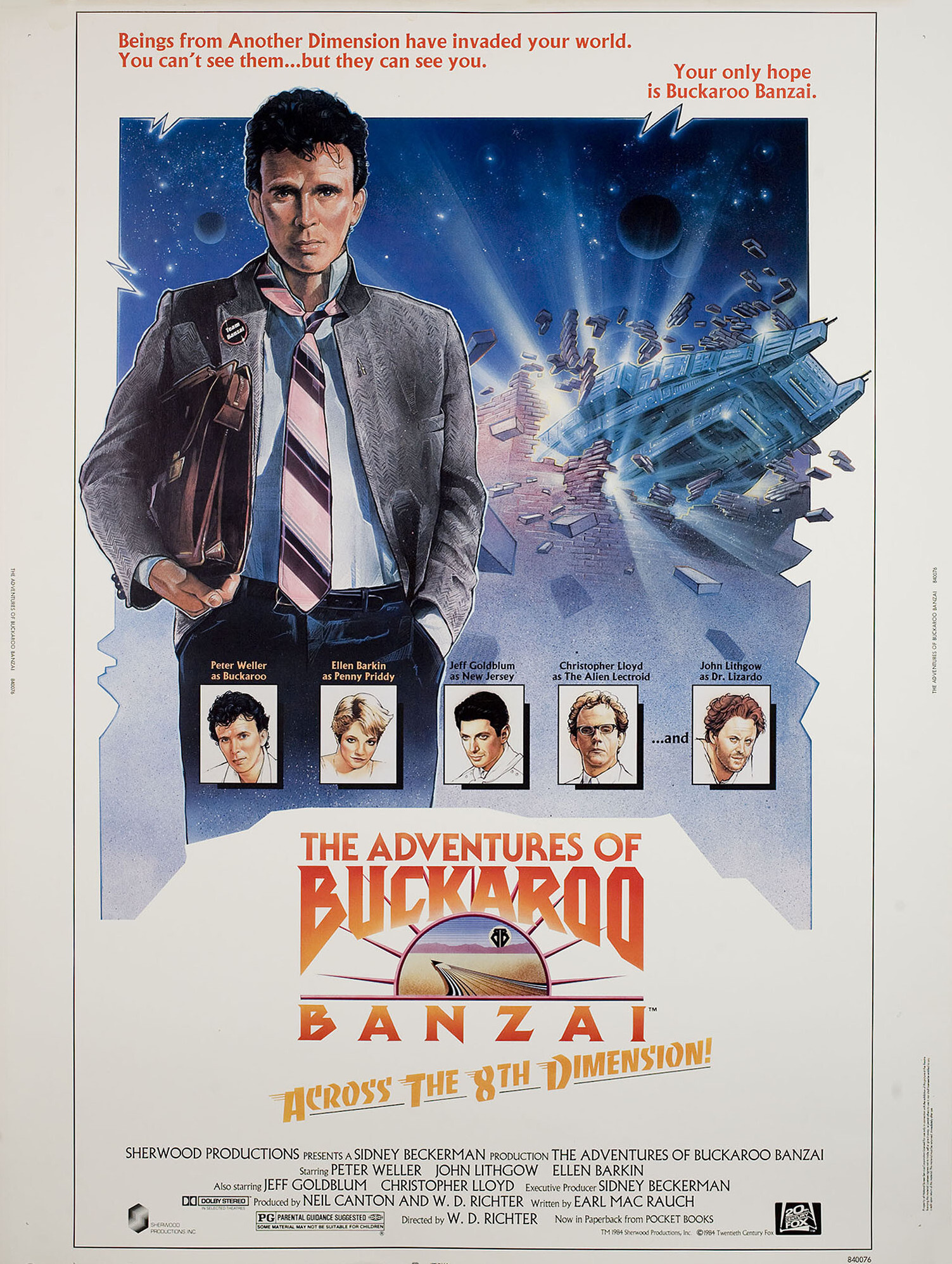 Приключения Бакару Банзая в восьмом измерении (The Adventures of Buckaroo Banzai, 1984), режиссёр У. Д. Рихтер, американский постер к фильму, 1984 год