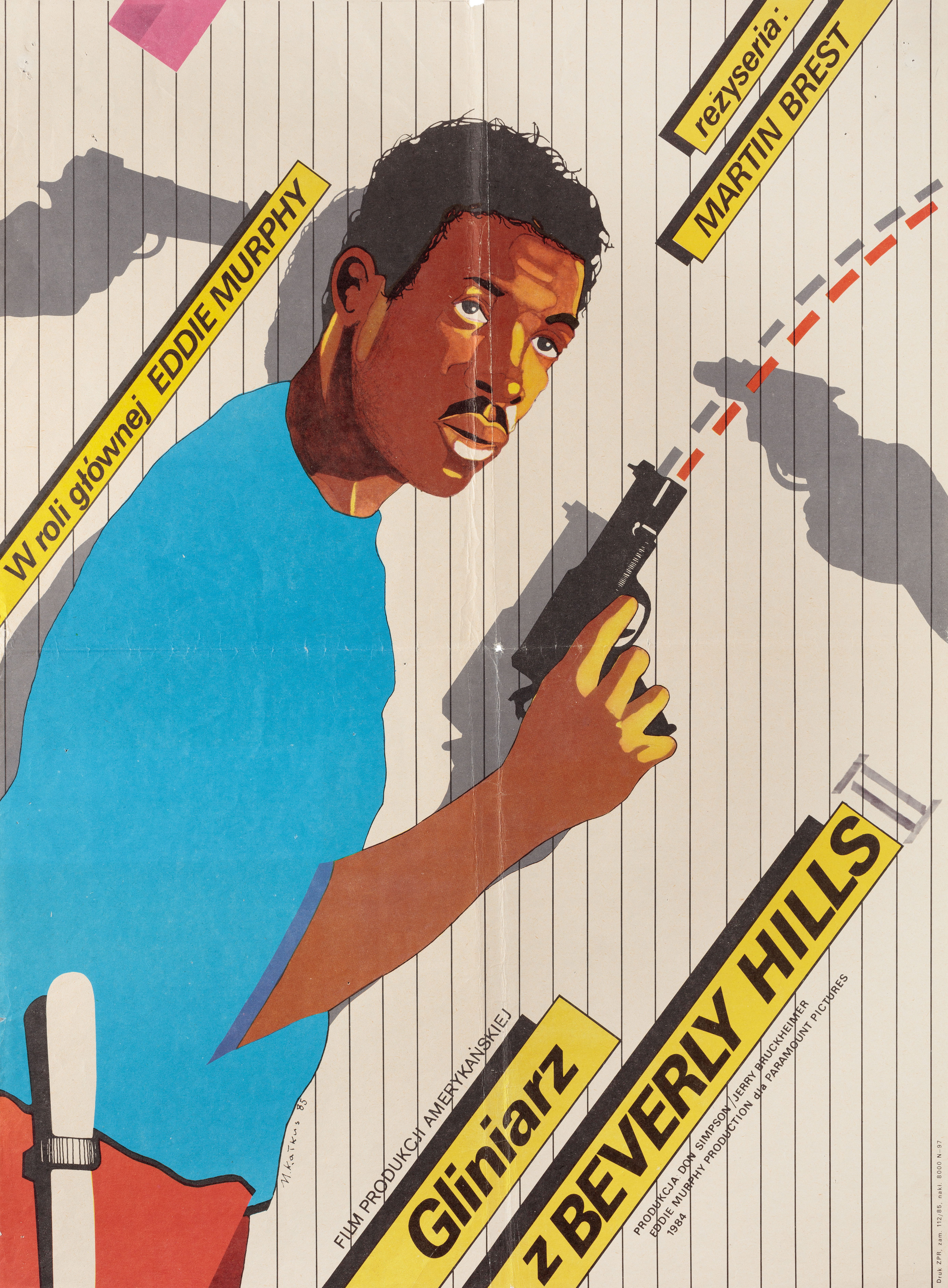 Полицейский из Беверли-Хиллз (Beverly Hills Cop, 1984), режиссёр Мартин Брест, польский постер к фильму, автор Мачей Калкус, 1985 год