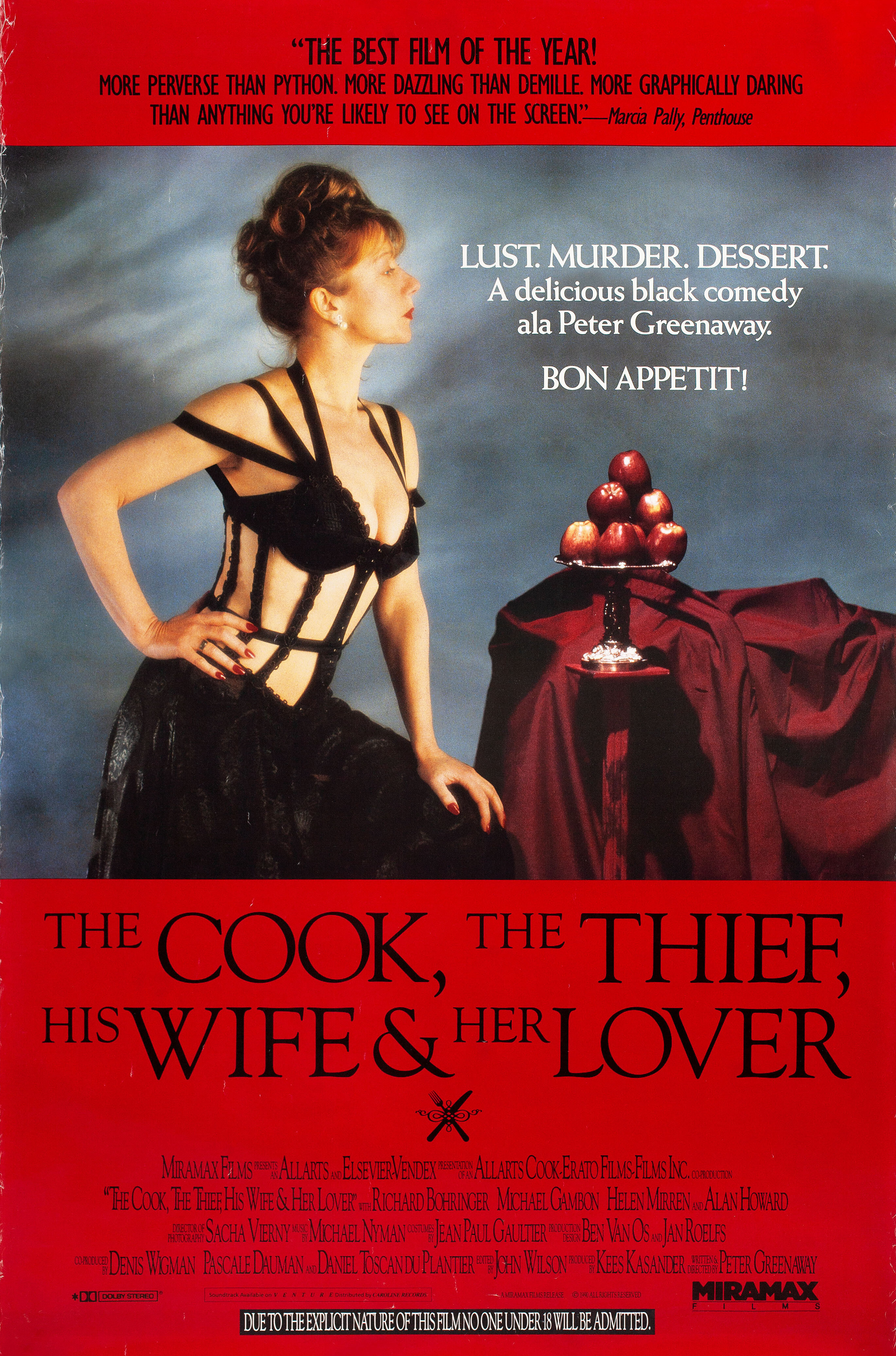 Повар, вор, его жена и её любовник (The Cook, the Thief, His Wife & Her Lover, 1989), режиссёр Питер Гринуэй, американский постер к фильму, 1990 год (1)