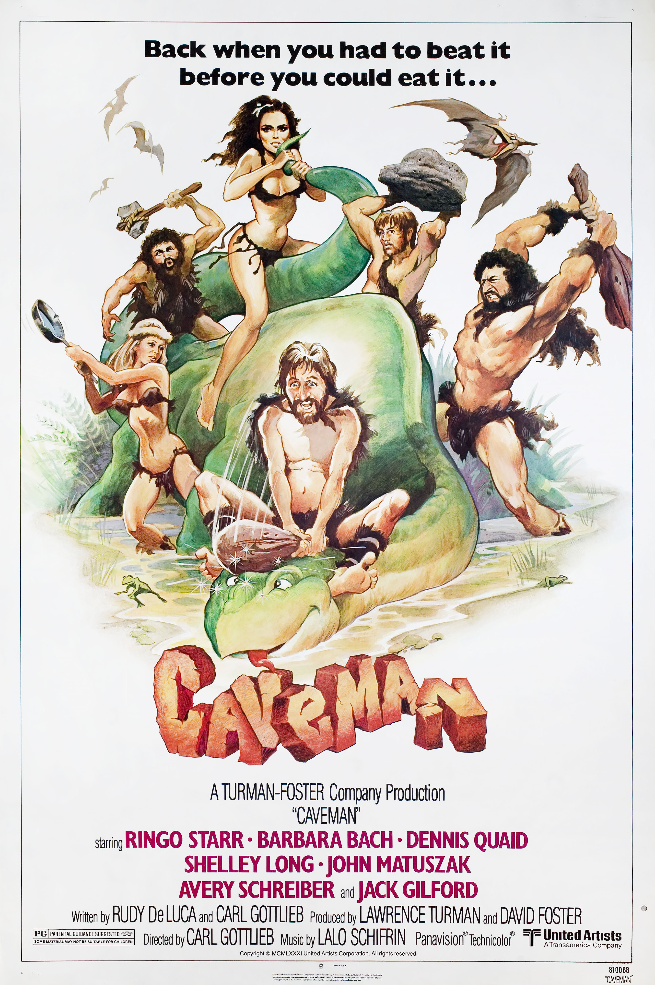 Пещерный человек (Caveman, 1981), режиссёр Карл Готтлиб, американский постер к фильму, автор Майкл Хобсон, 1981 год