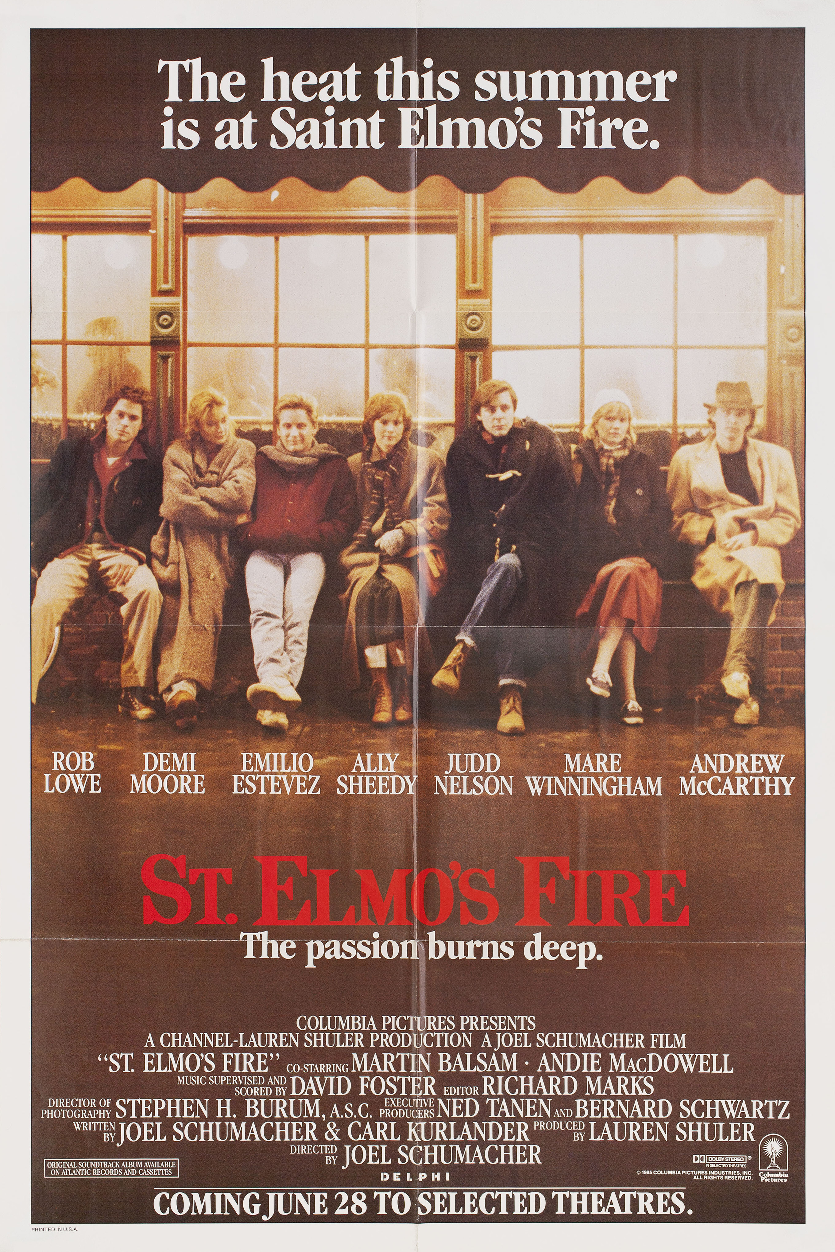 Огни святого Эльма (St. Elmos Fire, 1985), режиссёр Джоэл Шумахер, американский постер к фильму, 1985 год