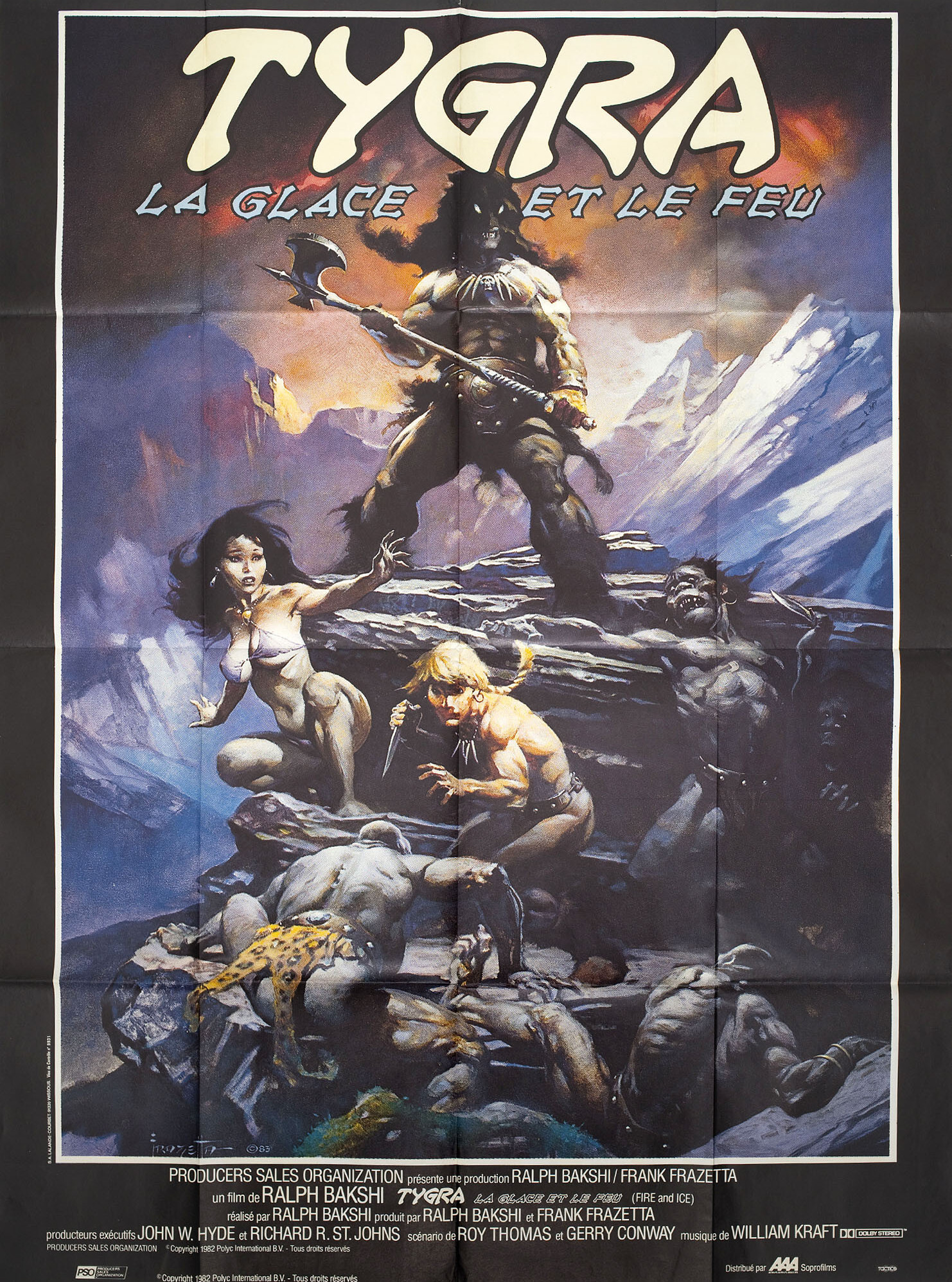 Огонь и лед (Fire and Ice, 1983), режиссёр Ральф Бакши, французский постер к мультфильму, автор Фрэнк Фразетта, 1983 год