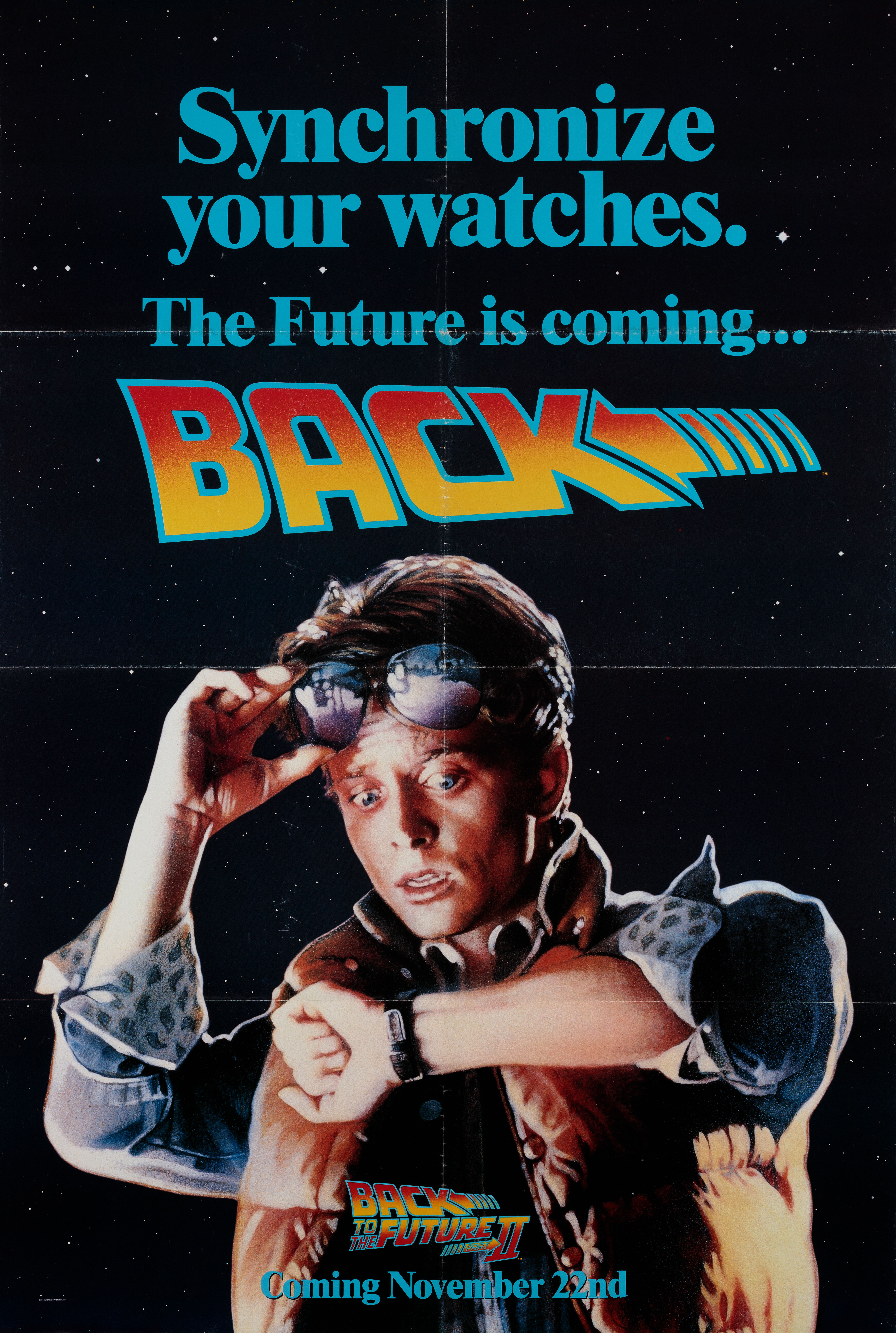 Назад в будущее 2 (Back to the Future Part II, 1989), режиссёр Роберт Земекис, американский постер к фильму, автор Дрю Струзан, 1989 год