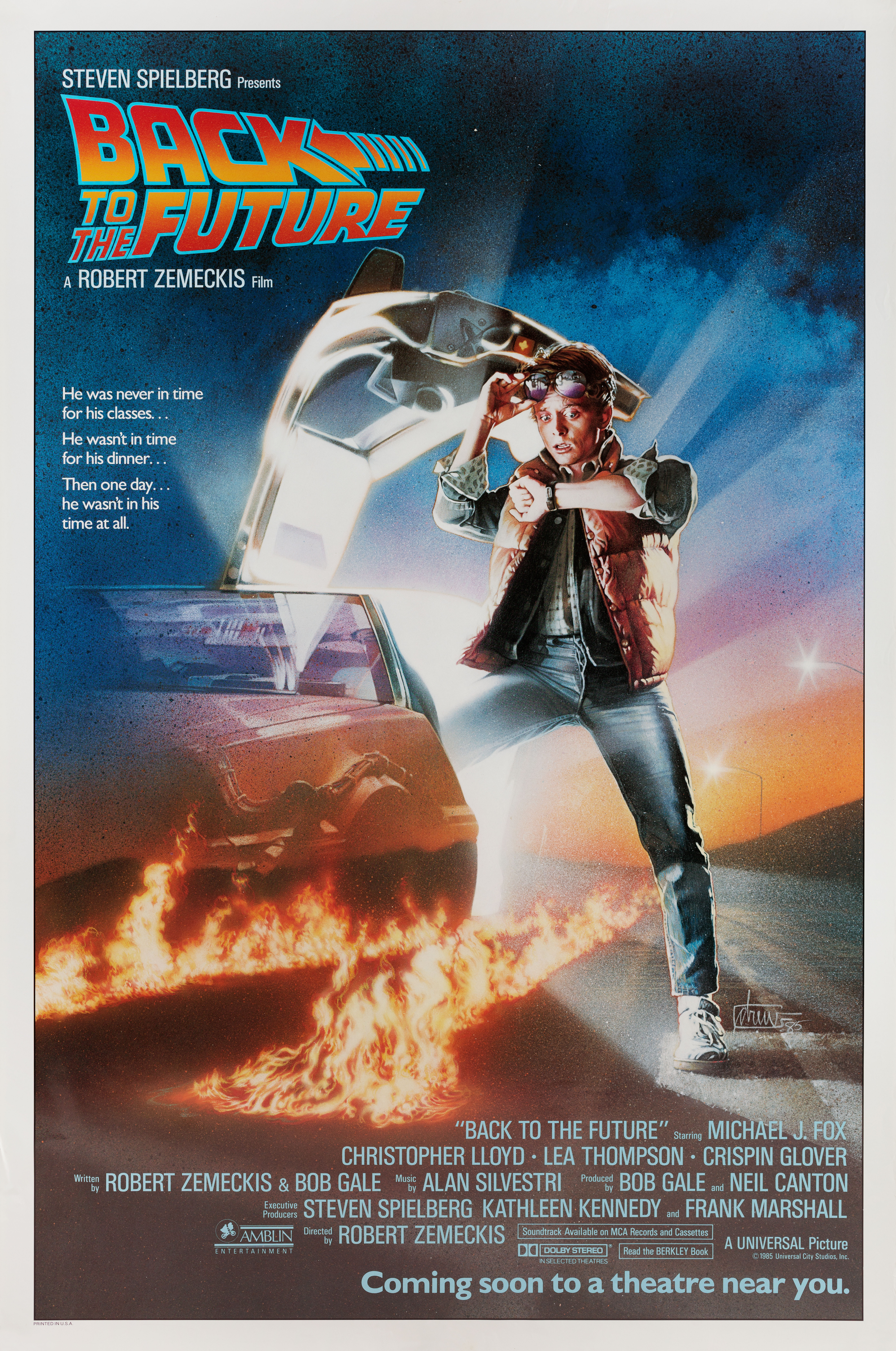 Назад в будущее (Back to the Future, 1985), режиссёр Роберт Земекис, американский постер к фильму, автор Дрю Струзан, 1985 год