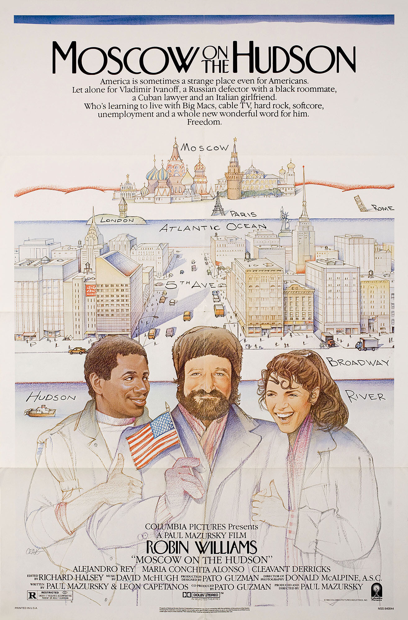 Москва на Гудзоне (Moscow on the Hudson, 1984), режиссёр Пол Мазурски, американский постер к фильму, автор Крейг, 1984 год