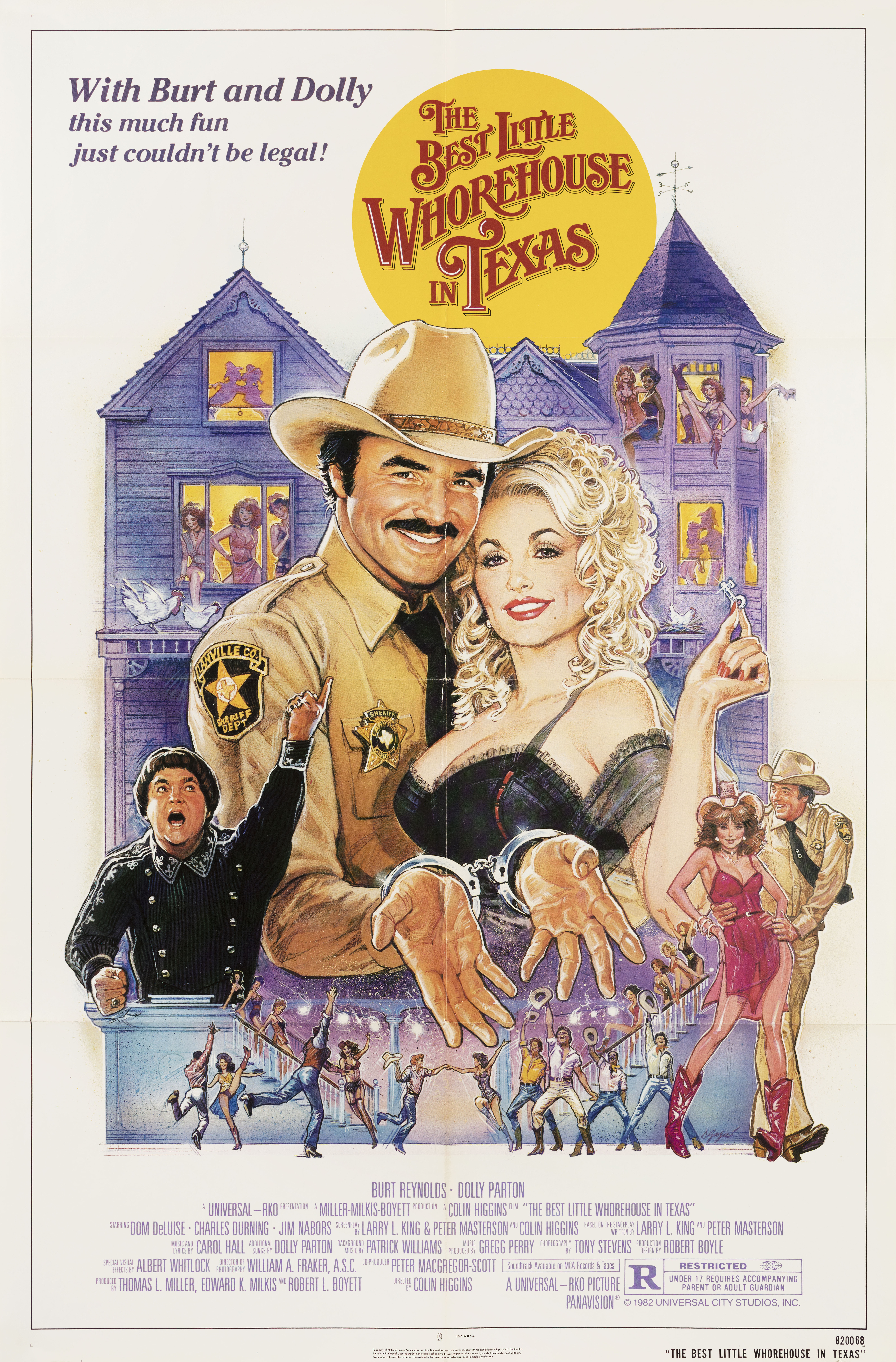 Самый приятный бордель в Техасе (The Best Little Whorehouse in Texas, 1982), режиссёр Колин Хиггинс, американский постер к фильму, автор Дэниел Гузи, 1982 год