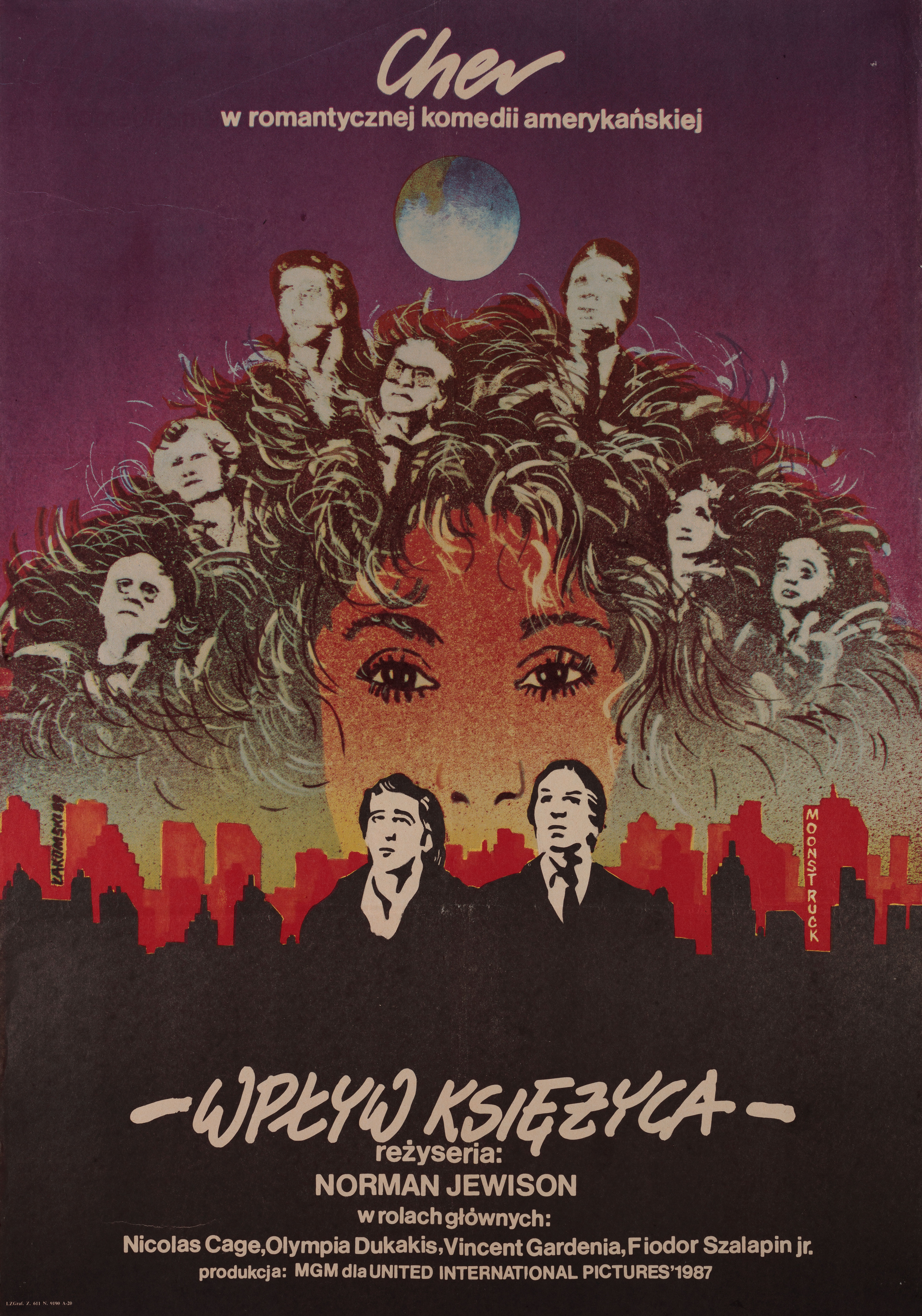 Во власти Луны (Moonstruck, 1987), режиссёр Норман Джуисон, польский постер к фильму, автор Мирослав Лакомский, 1989 год