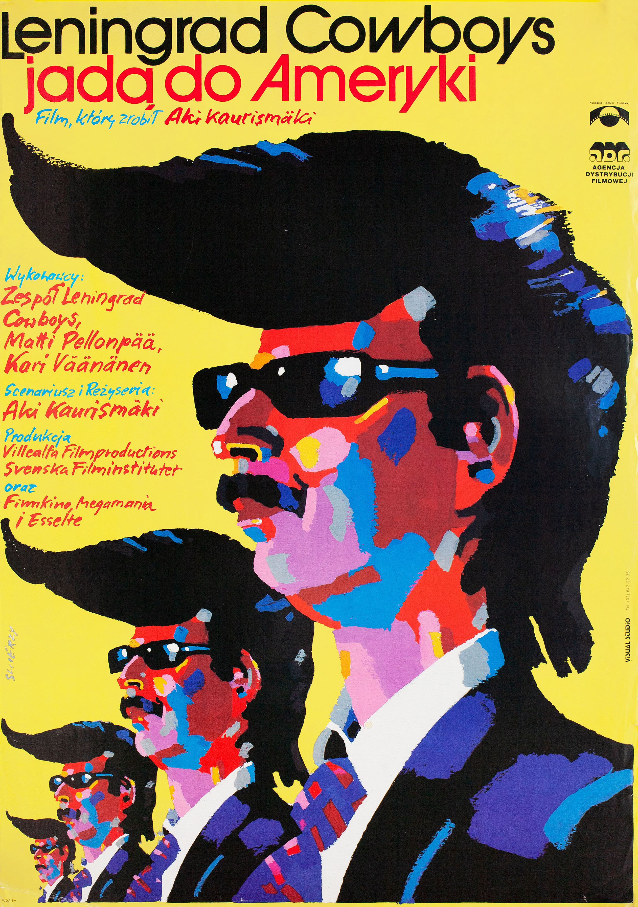 Ленинградские ковбои едут в Америку (Leningrad Cowboys Go America, 1989), режиссёр Аки Каурисмяки, польский постер к фильму, автор Вальдемар Свежи, 1989 год