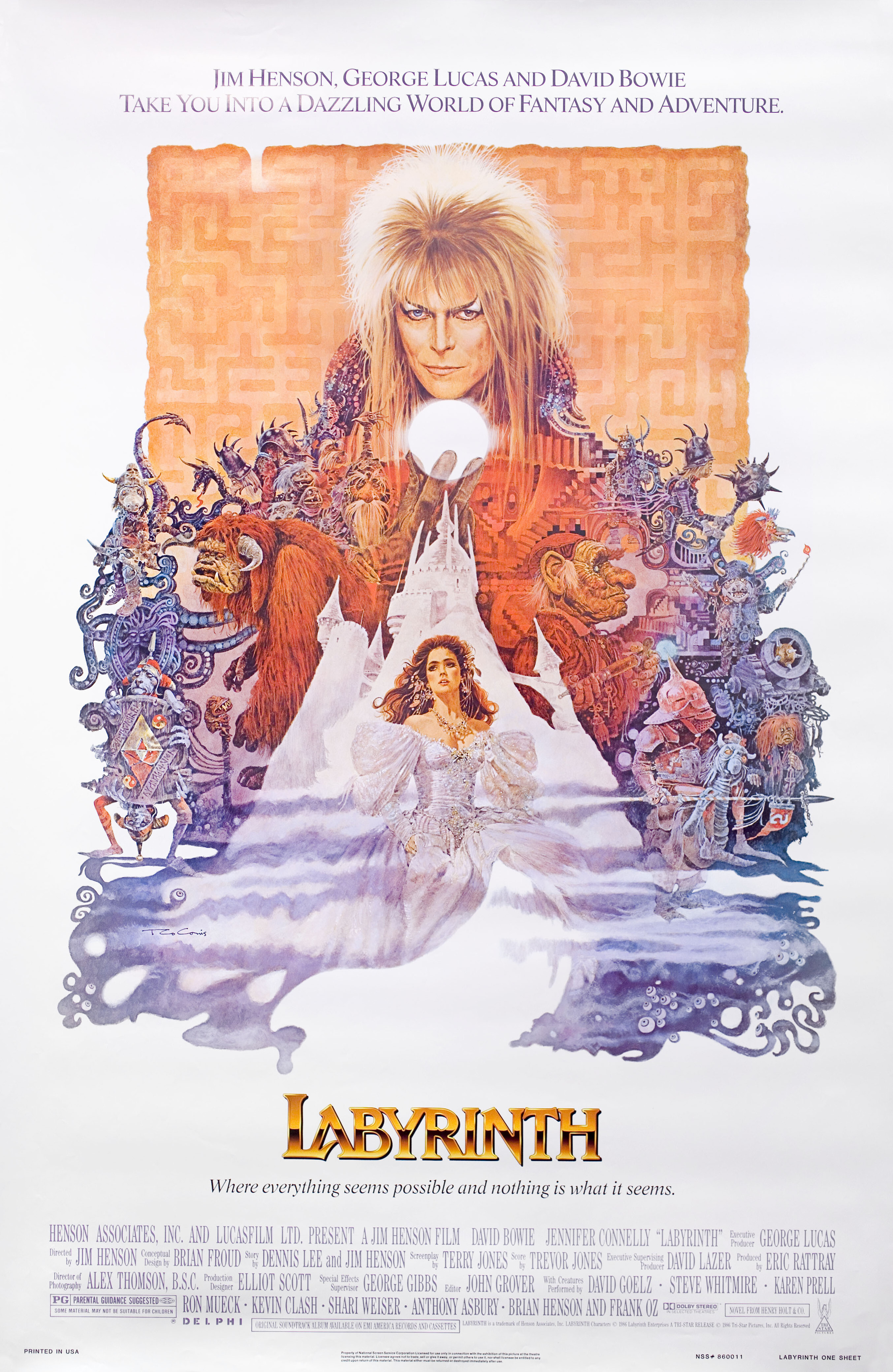 Лабиринт (Labyrinth, 1986), режиссёр Джим Хенсон, американский постер к фильму, автор Тед КоКонис, 1986 год