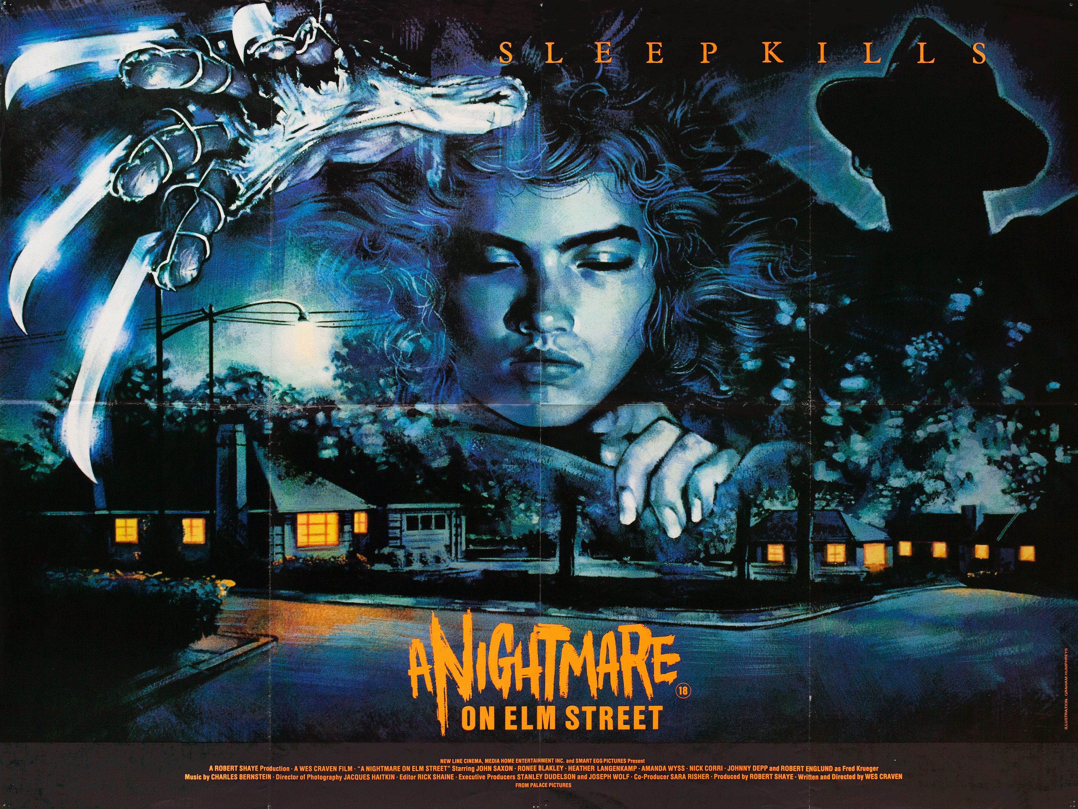 Кошмар на улице Вязов (A Nightmare on Elm Street, 1984), режиссёр Уэс Крэйвен, британский постер к фильму, автор Грэм Хамфрис, 1984 год
