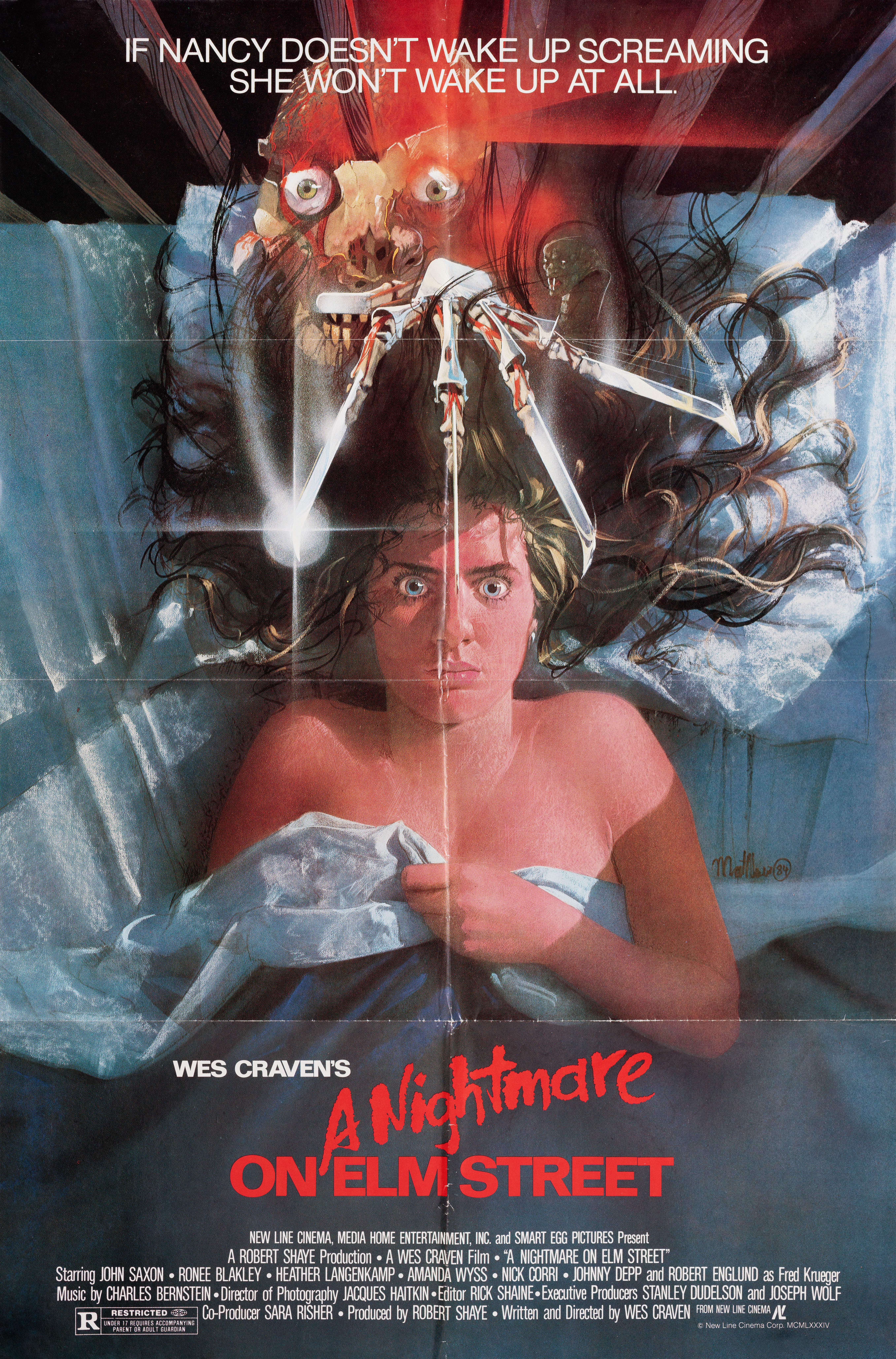 Кошмар на улице Вязов (A Nightmare on Elm Street, 1984), режиссёр Уэс Крэйвен, американский постер к фильму, автор Мэтью Пик, 1984 год