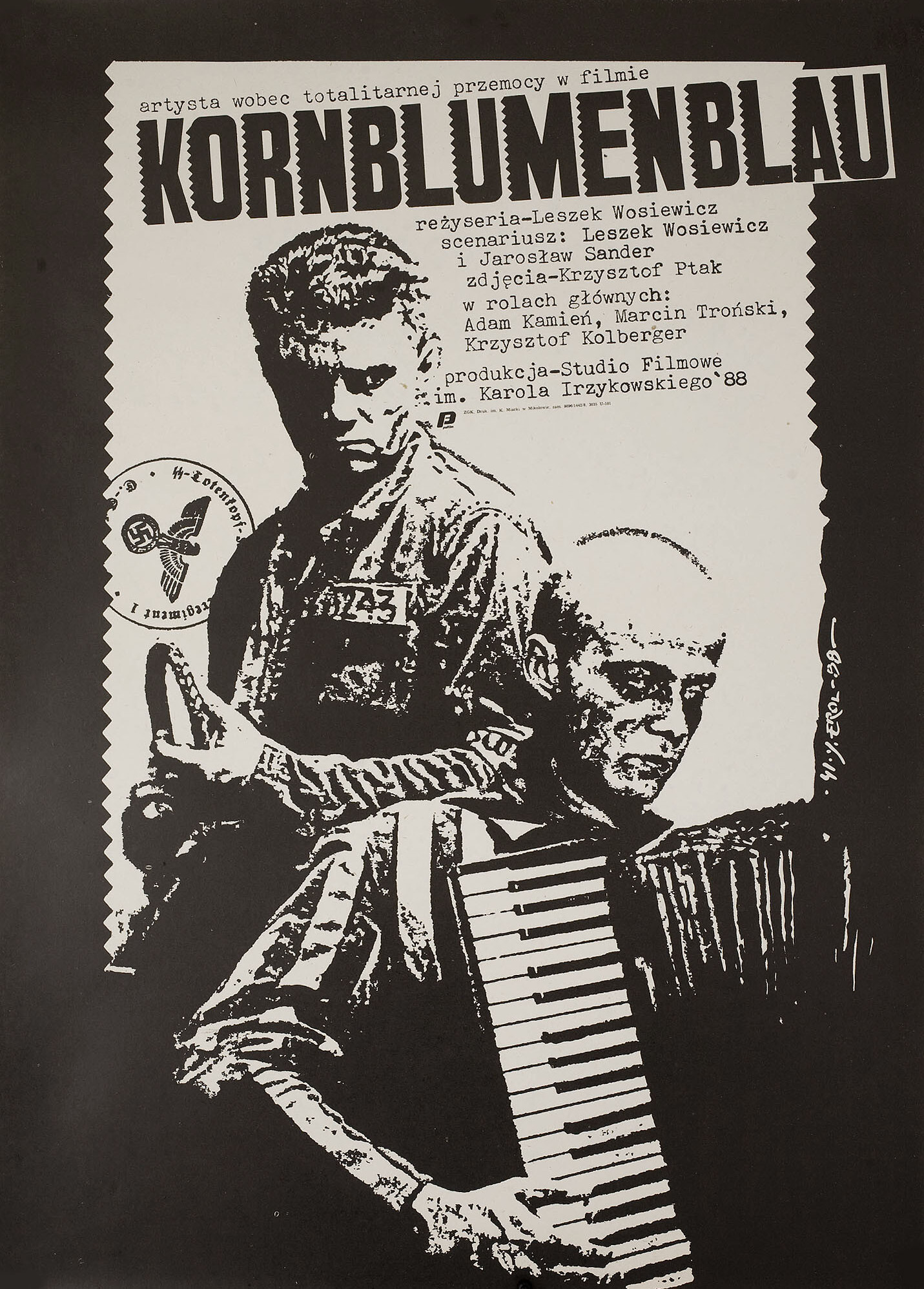 Корноблюменблау (Kornblumenblau, 1989), режиссёр Лешек Восевич, польский постер к фильму, автор Якуб Эрол, 1989 год