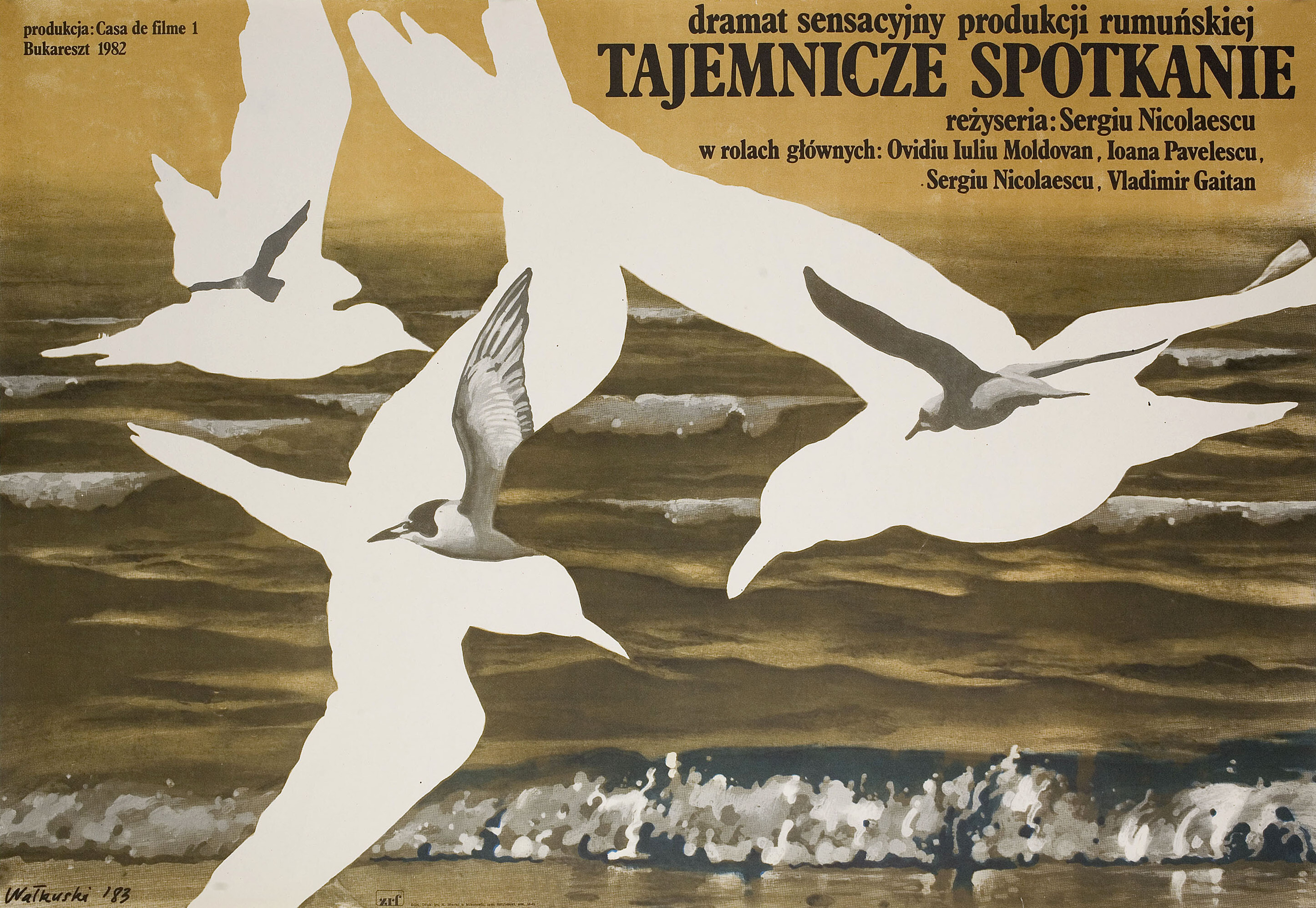Встреча (Intilnirea, 1982), режиссёр Серджиу Николаеску, польский постер к фильму, автор Веслав Валкуски, 1982 год