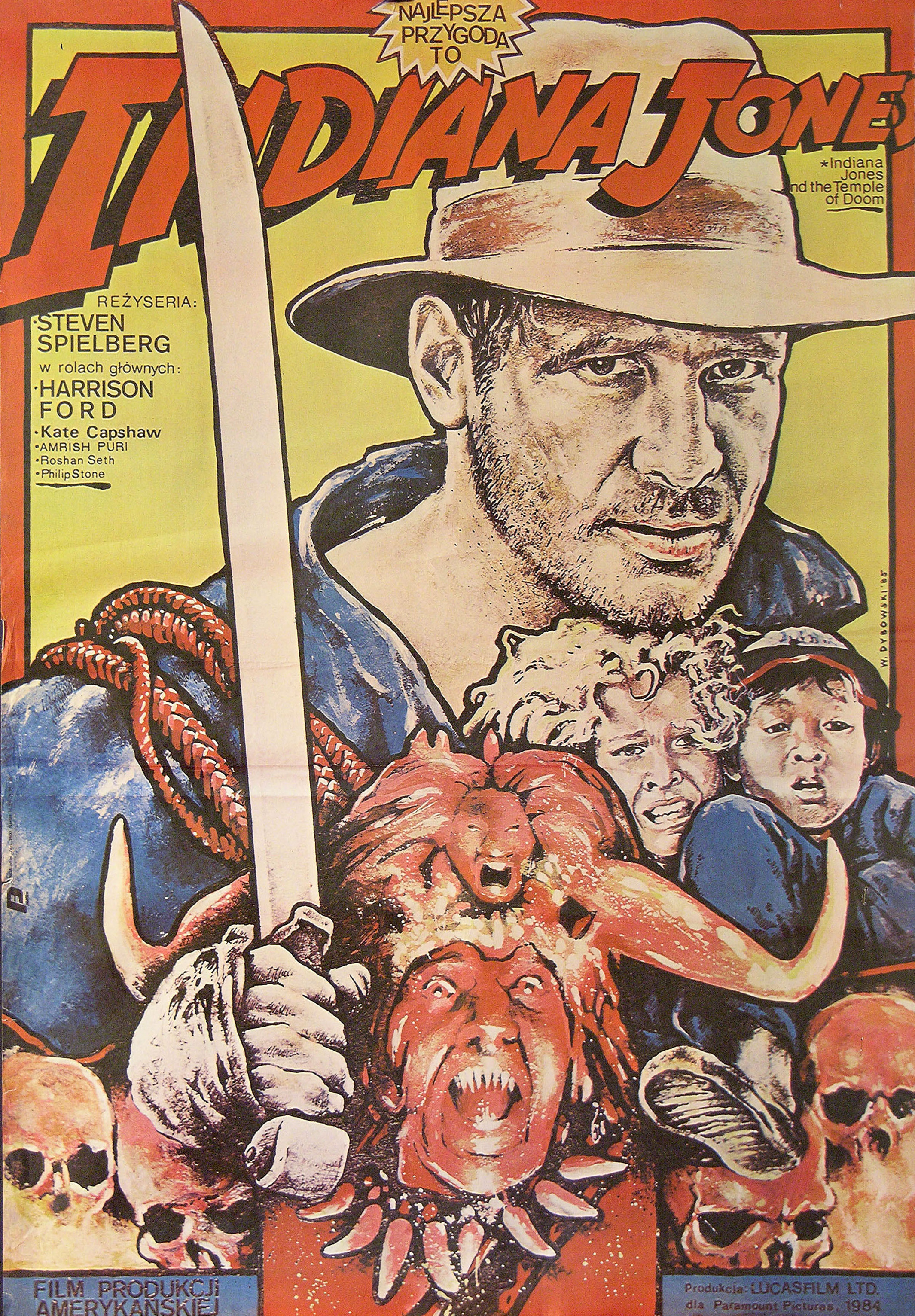 Индиана Джонс и Храм Судьбы (Indiana Jones and the Temple of Doom, 1984), режиссёр Стивен Спилберг, польский постер к фильму, автор Витольд Дыбовский, 1983 год