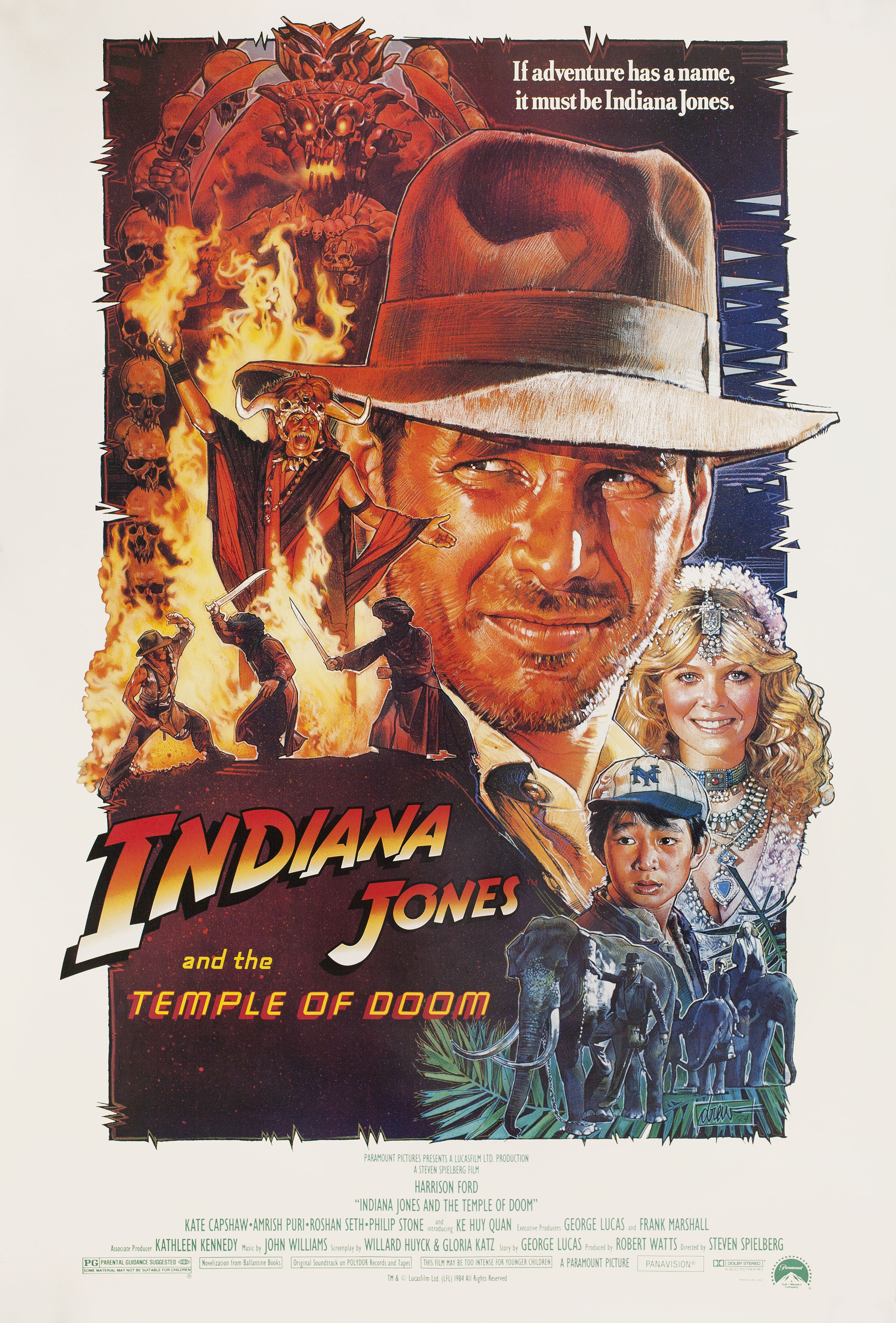 Индиана Джонс и Храм Судьбы (Indiana Jones and the Temple of Doom, 1984), режиссёр Стивен Спилберг, американский постер к фильму, автор Дрю Струзан, 1984 год