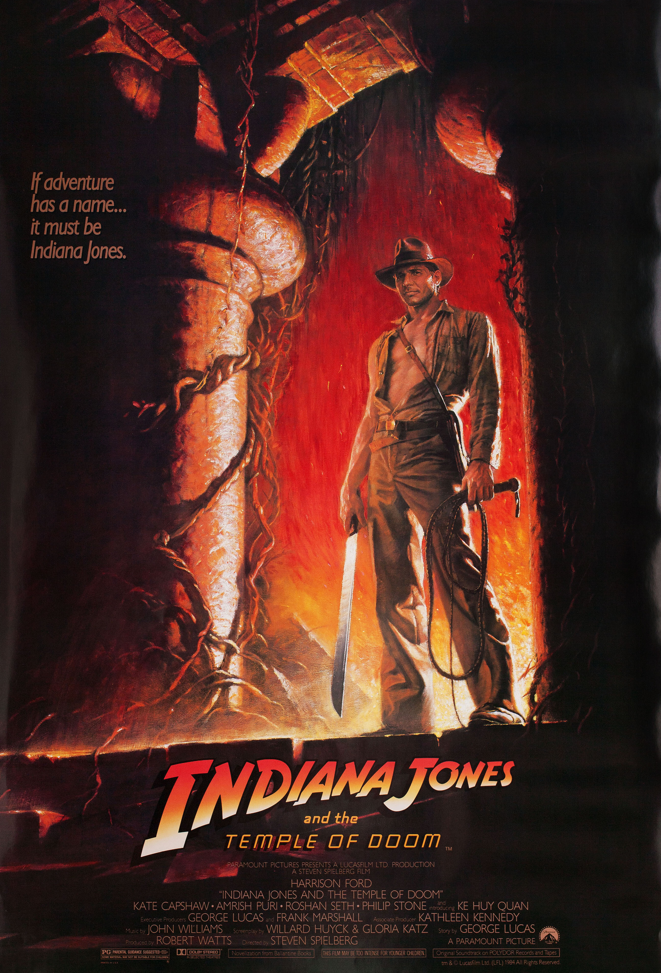 Индиана Джонс и Храм Судьбы (Indiana Jones and the Temple of Doom, 1984), режиссёр Стивен Спилберг, американский постер к фильму, автор Брюс Вульф, 1984 год