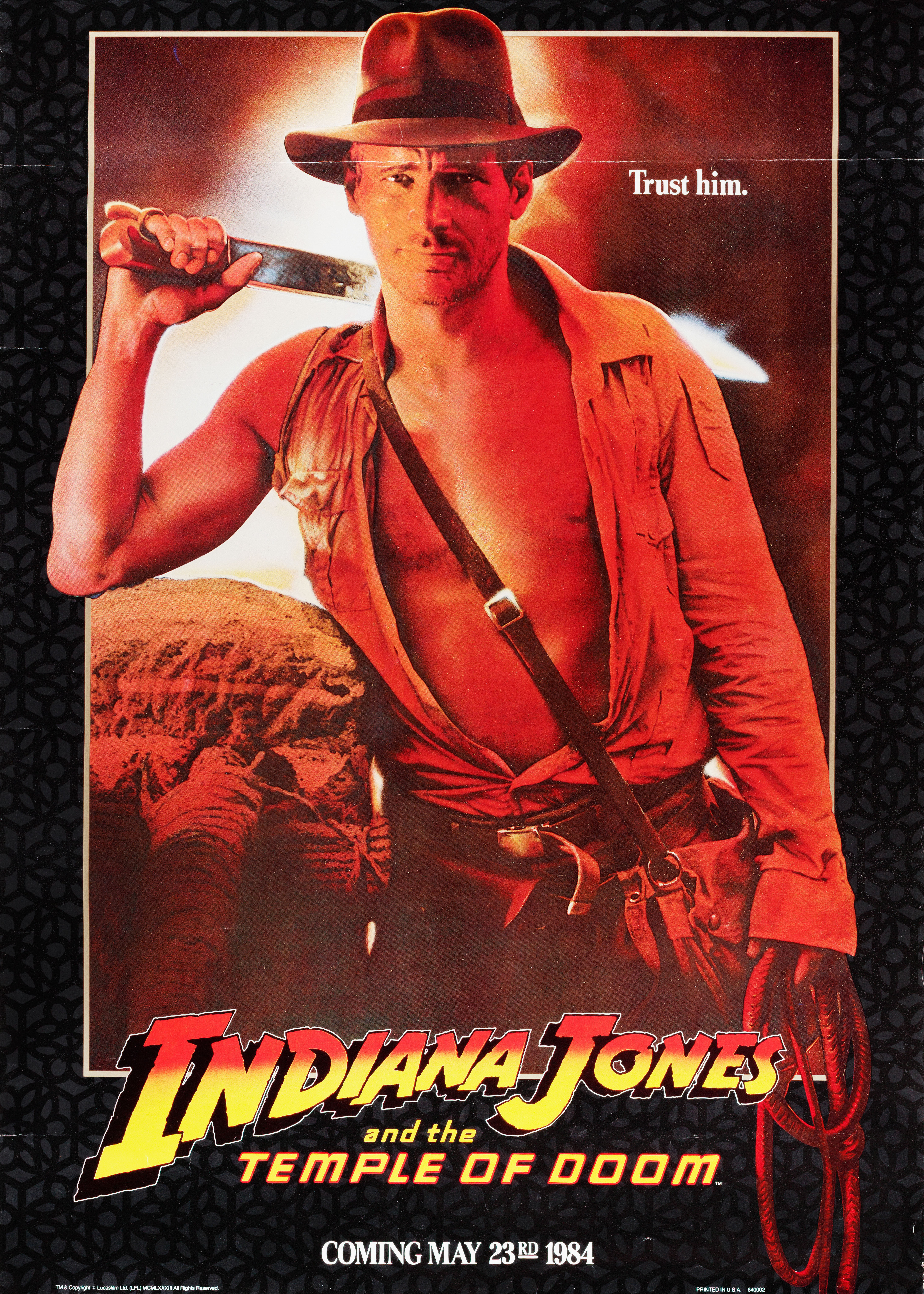 Индиана Джонс и Храм Судьбы (Indiana Jones and the Temple of Doom, 1984), режиссёр Стивен Спилберг, американский постер к фильму, 1984 год