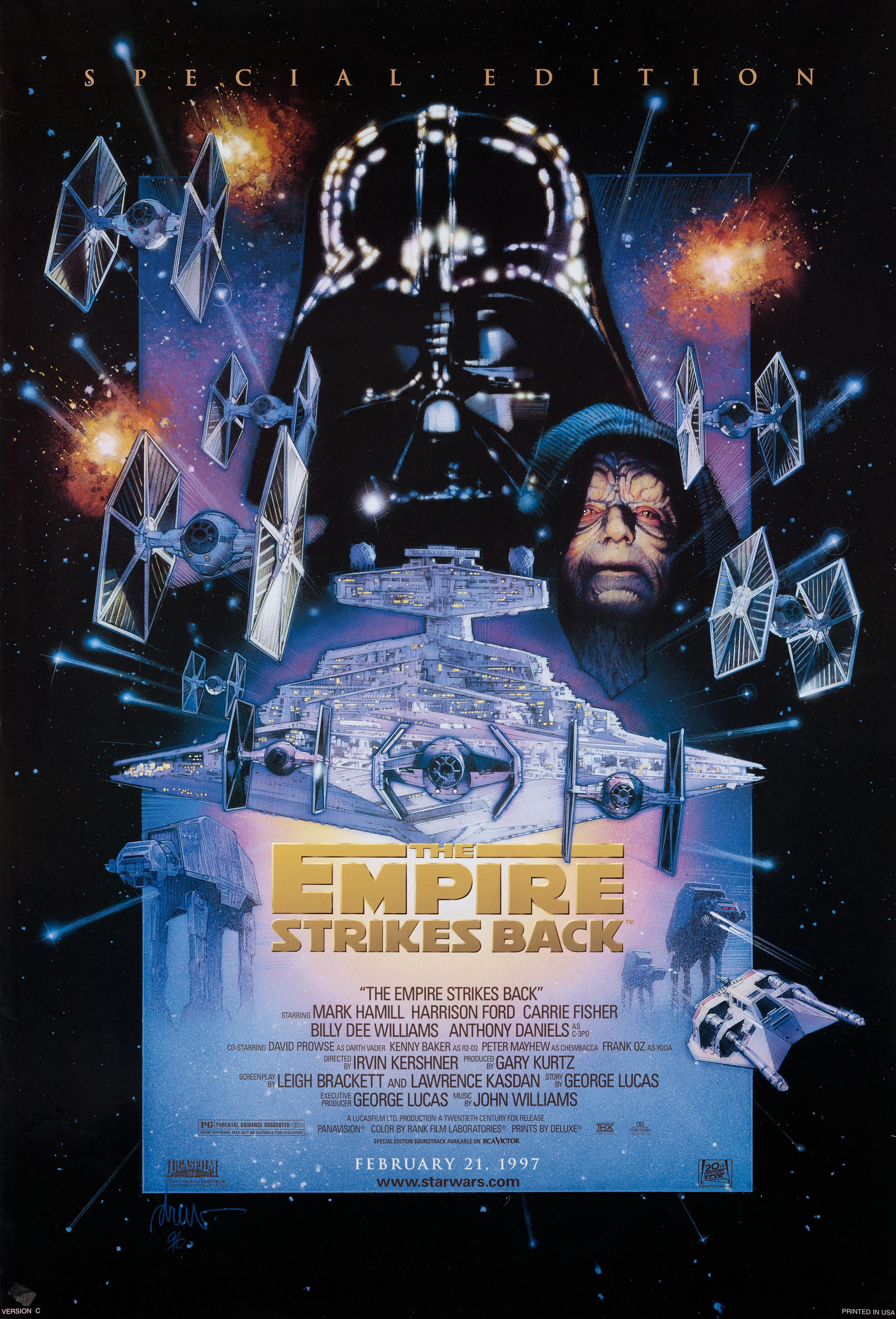 Звёздные войны: Эпизод 5 – Империя наносит ответный удар (The Empire Strikes Back, 1980), режиссёр Ирвин Кершнер, американский постер к фильму, автор Дрю Струзан, 1997 год