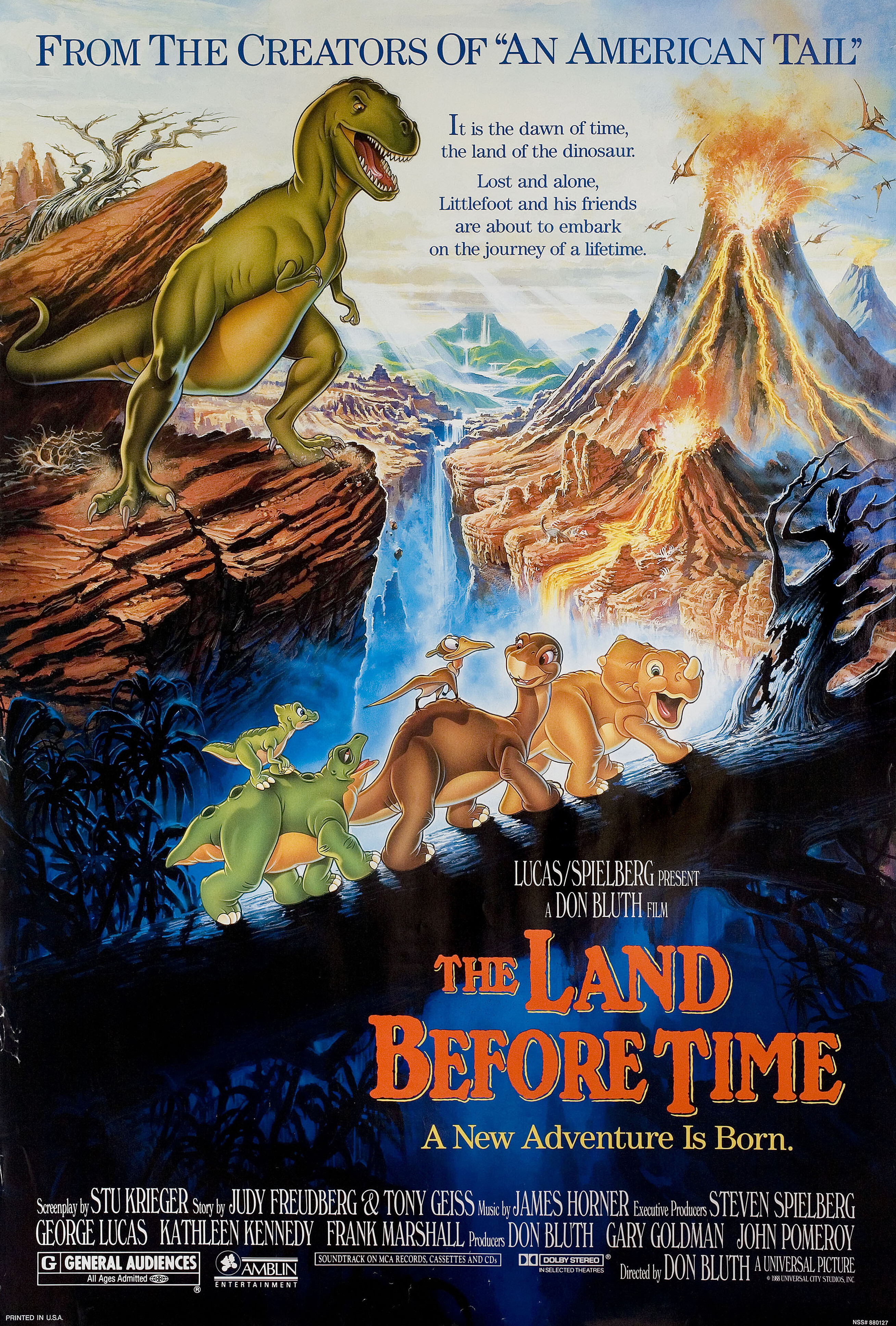 Земля до начала времен (The Land Before Time, 1988), режиссёр Дон Блут, американский постер к фильму, 1988 год