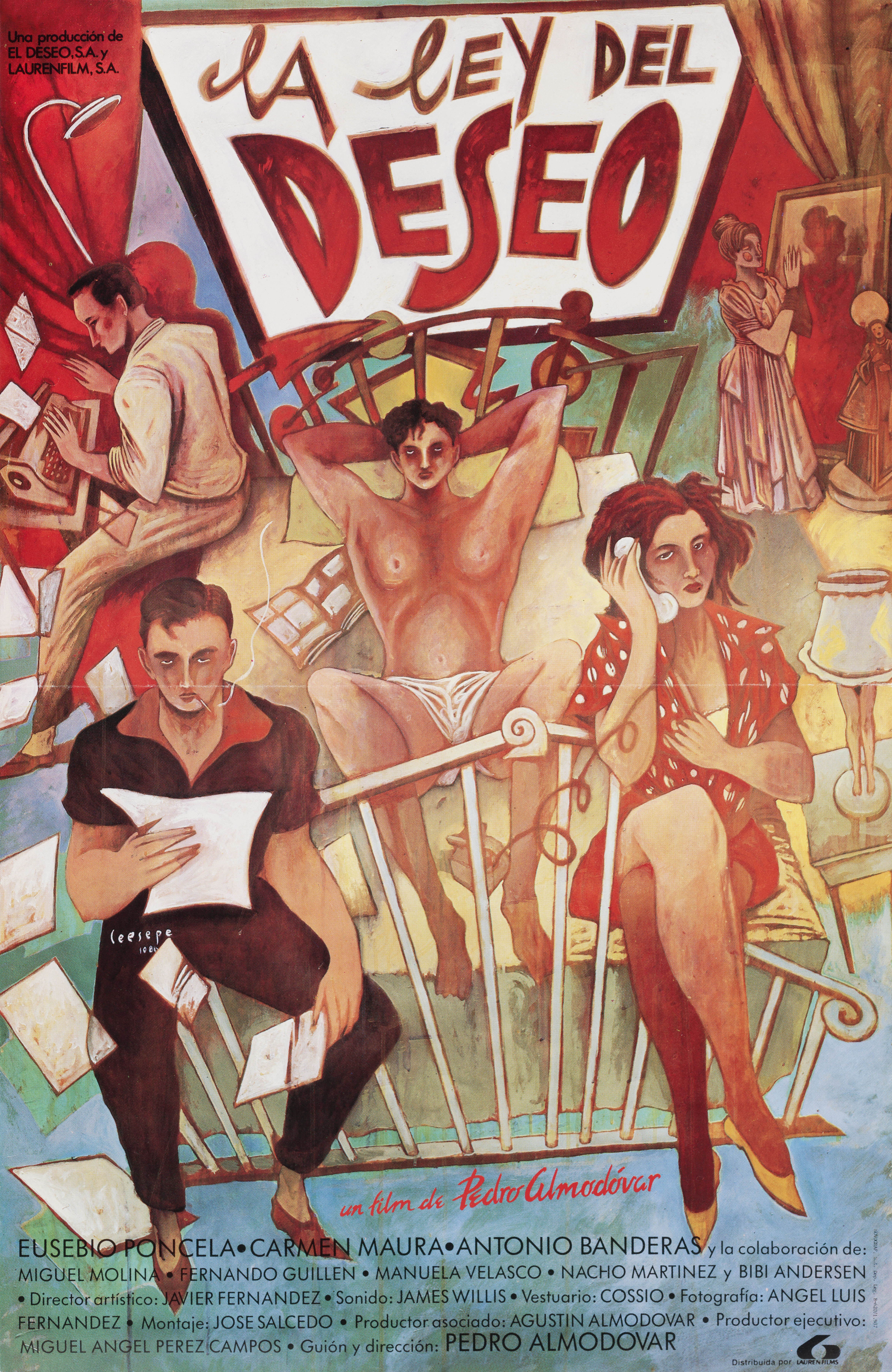 Закон желания (Law of Desire, 1987), режиссёр Педро Альмодовар, испанский постер к фильму, автор Чезепе, 1987 год