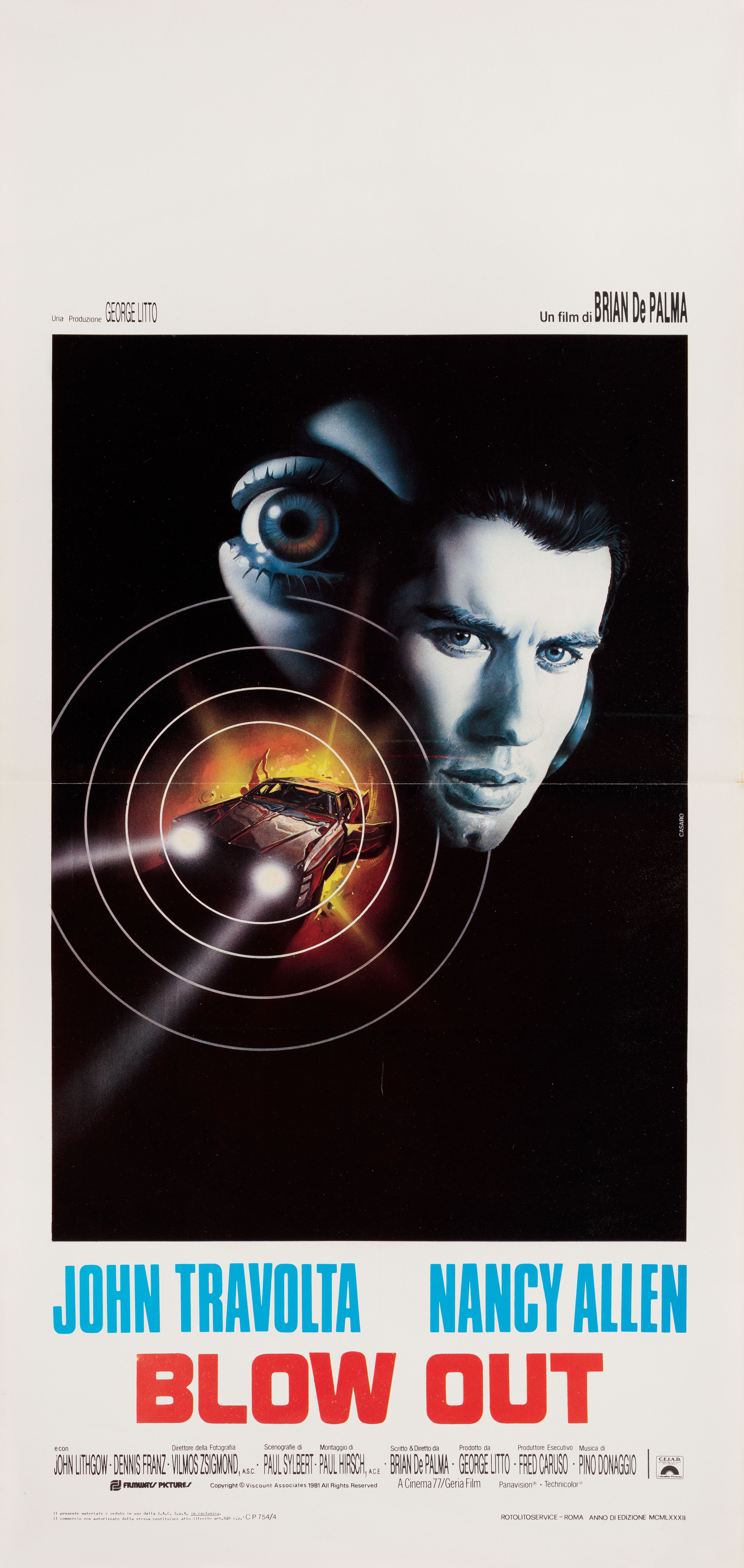 Прокол (Blow Out, 1981), режиссёр Брайан Де Пальма, итальянский постер к фильму, автор Ренато Касаро, 1982 год