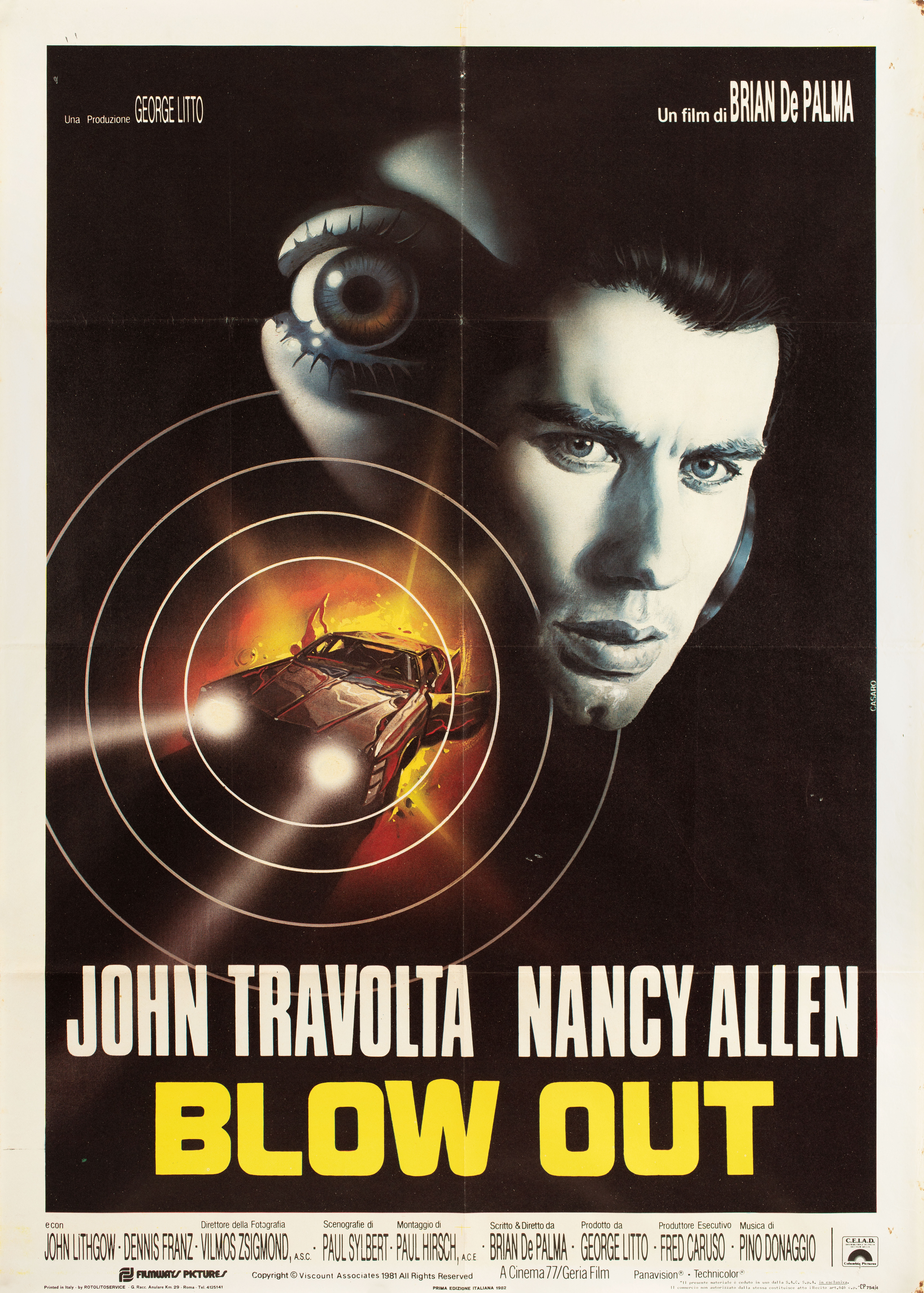 Прокол (Blow Out, 1981), режиссёр Брайан Де Пальма, итальянский постер к фильму, автор Ренато Касаро, 1982 год (1)