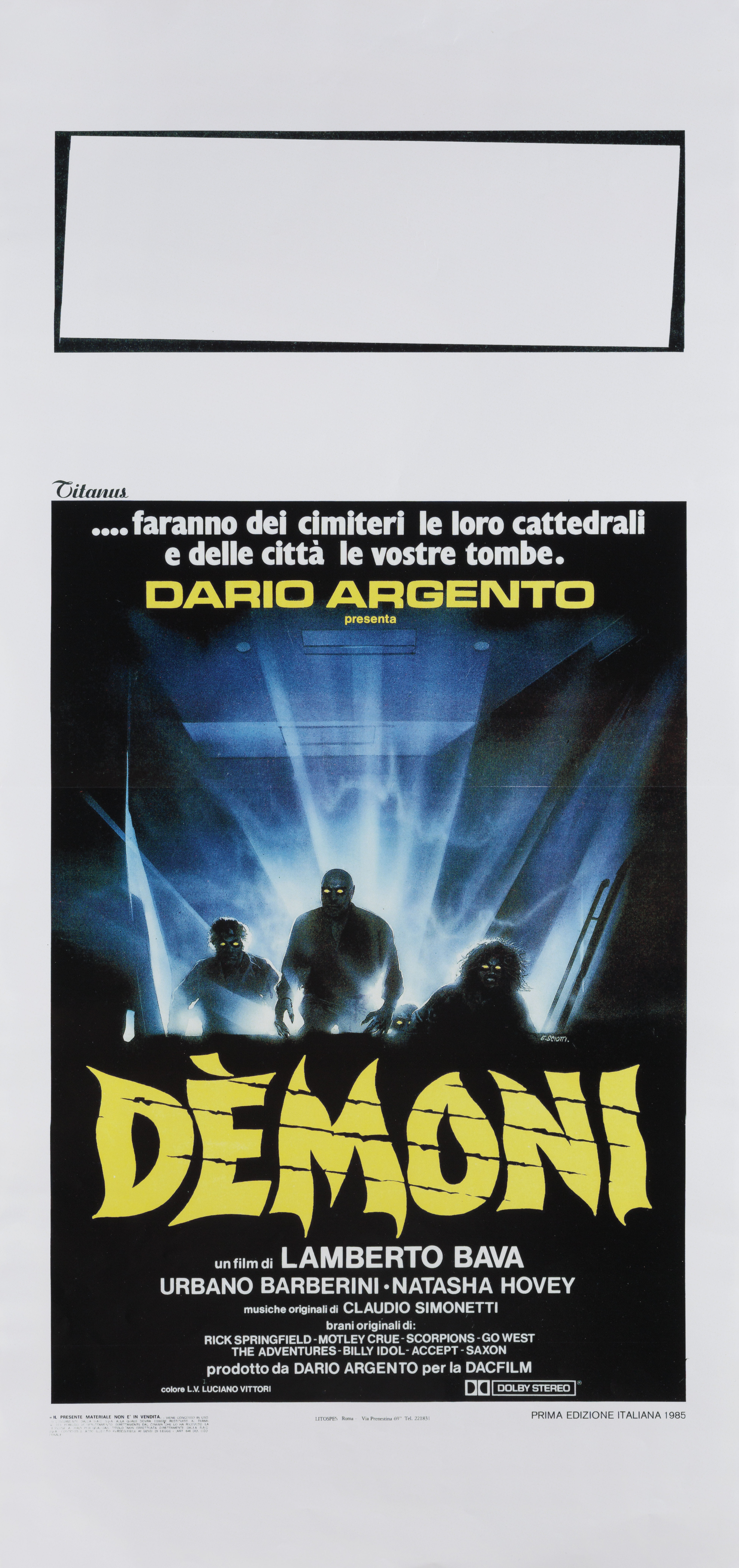 Демоны (Demons, 1985), режиссёр Ламберто Бавой, итальянский постер к фильму, автор Энцо Скиотти, 1985 год