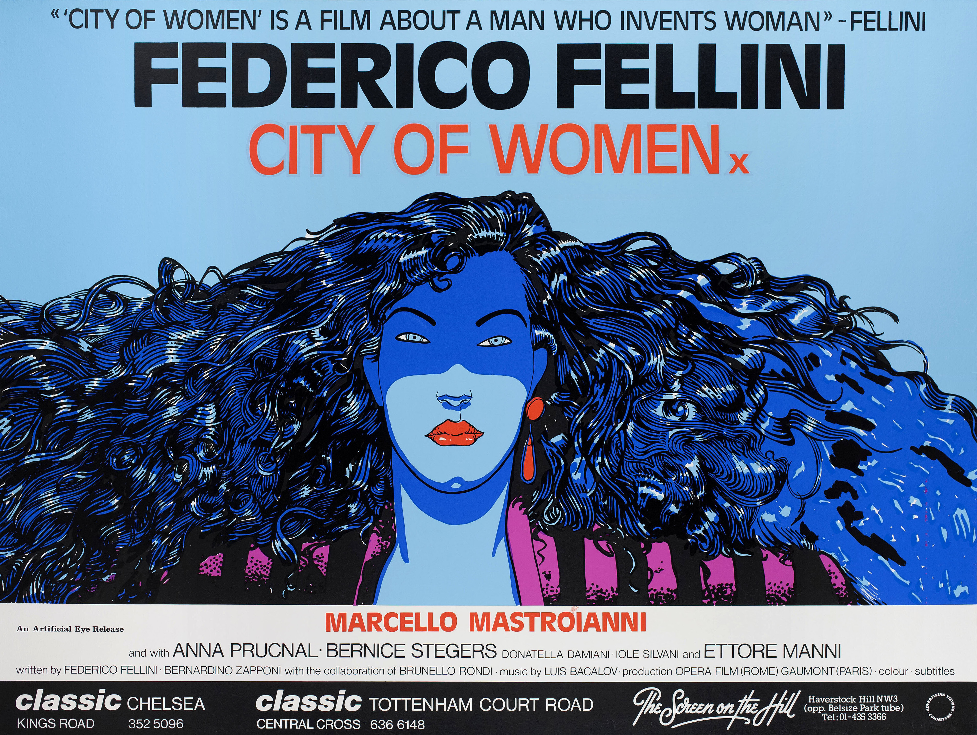 Город женщин (City of Women, 1980), режиссёр Федерико Феллини, британский постер к фильму, автор Андреа Пазиенца, 1980 год