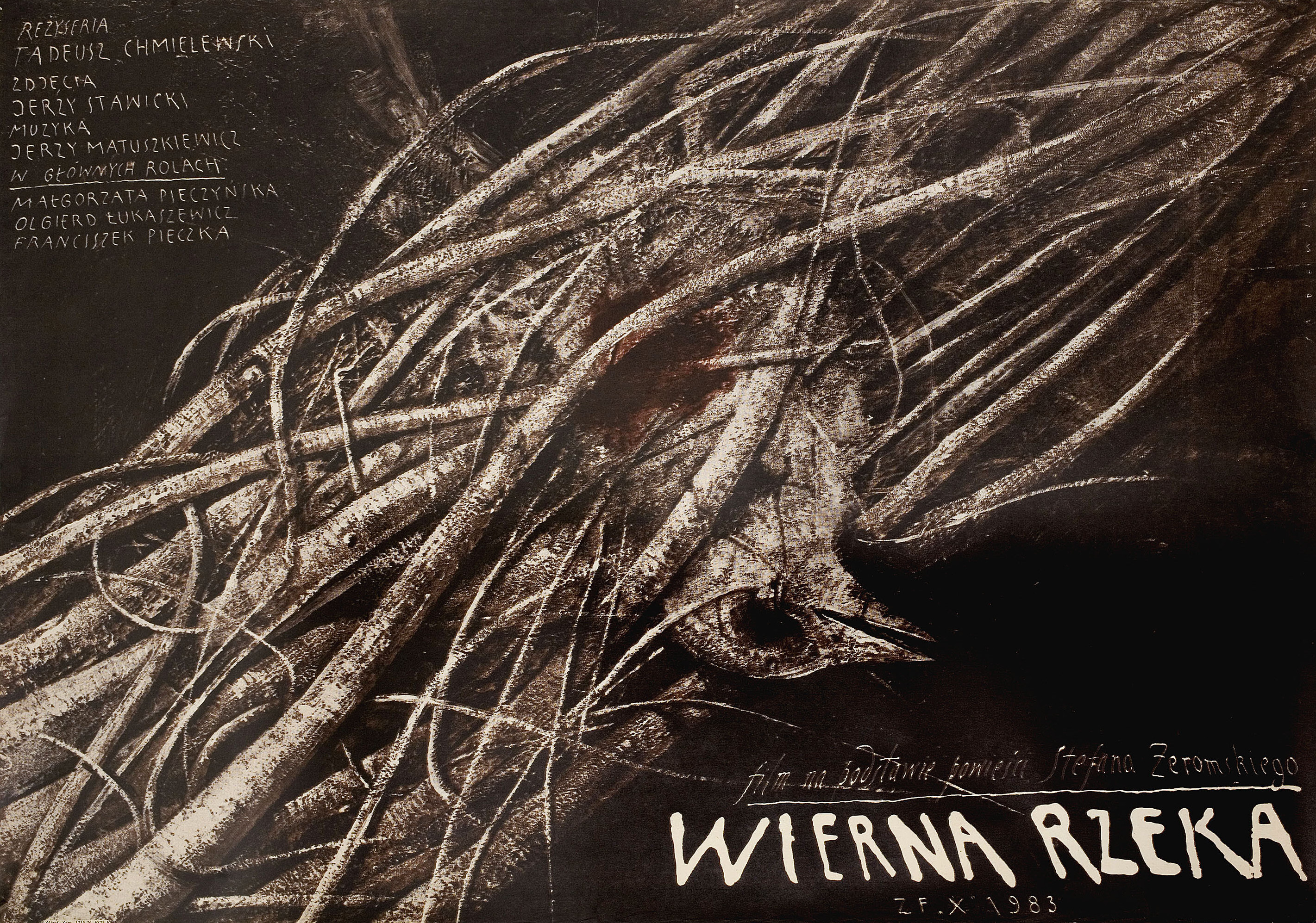 Верная река (Faithful River, 1987), режиссёр Тадеуш Хмелевский, польский постер к фильму, автор Виктор Садовский, 1987 год