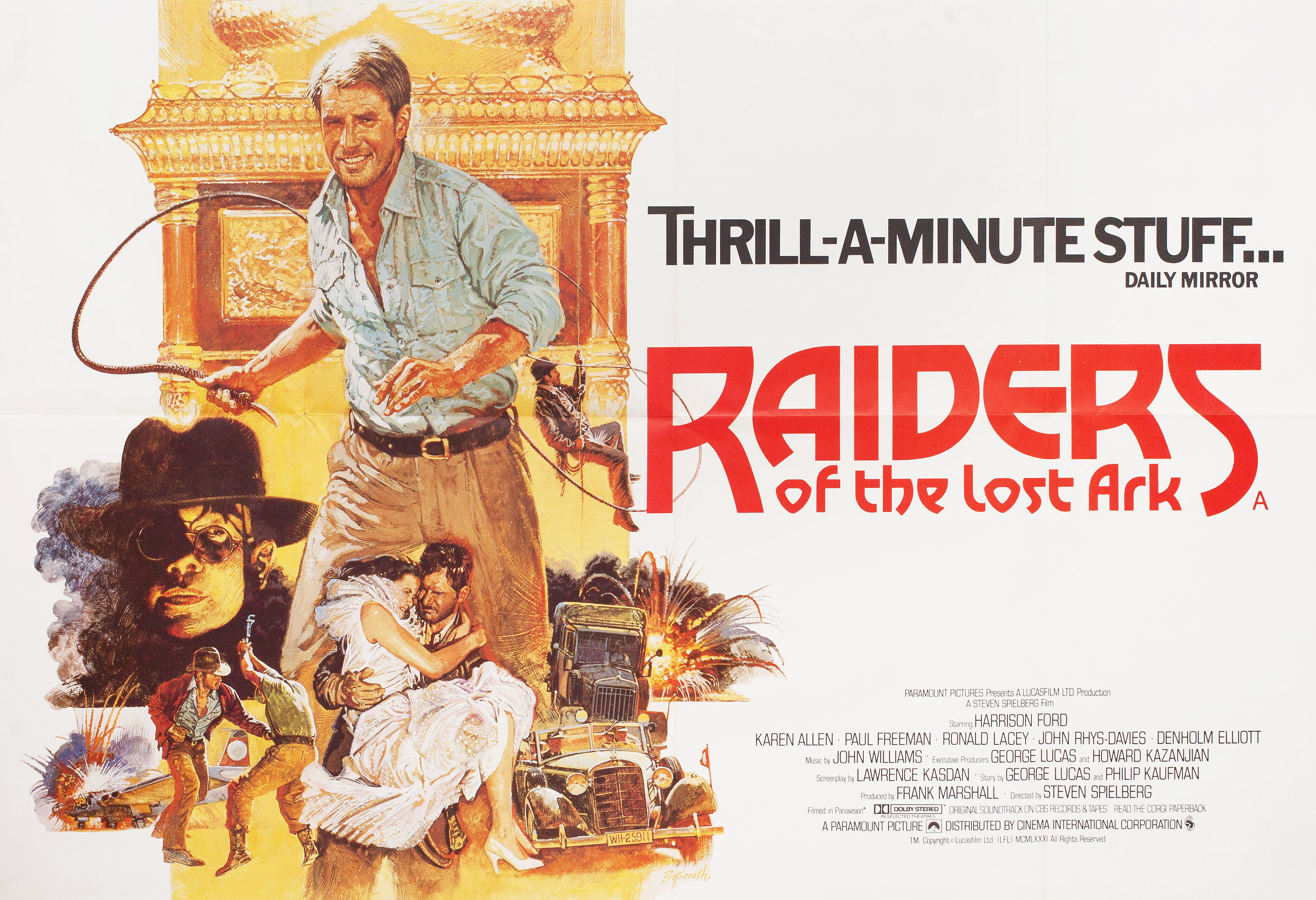 Индиана Джонс: В поисках утраченного ковчега (Raiders of the Lost Ark, 1981), режиссёр Стивен Спилберг, британский постер к фильму, автор Брайан Байсоут, 1981 год