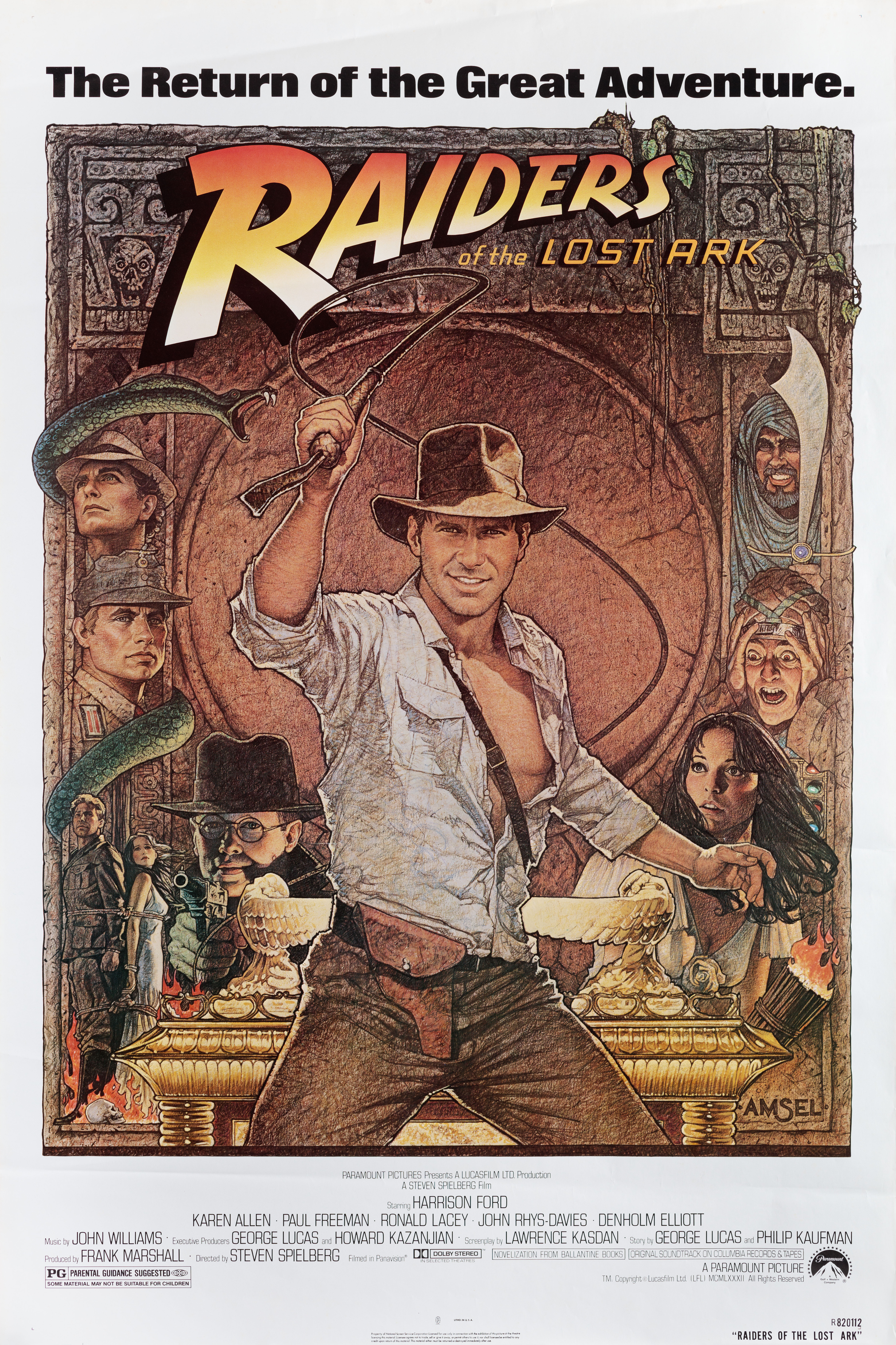 Индиана Джонс: В поисках утраченного ковчега (Raiders of the Lost Ark, 1981), режиссёр Стивен Спилберг, американский постер к фильму, автор Ричард Амзель, 1982 год