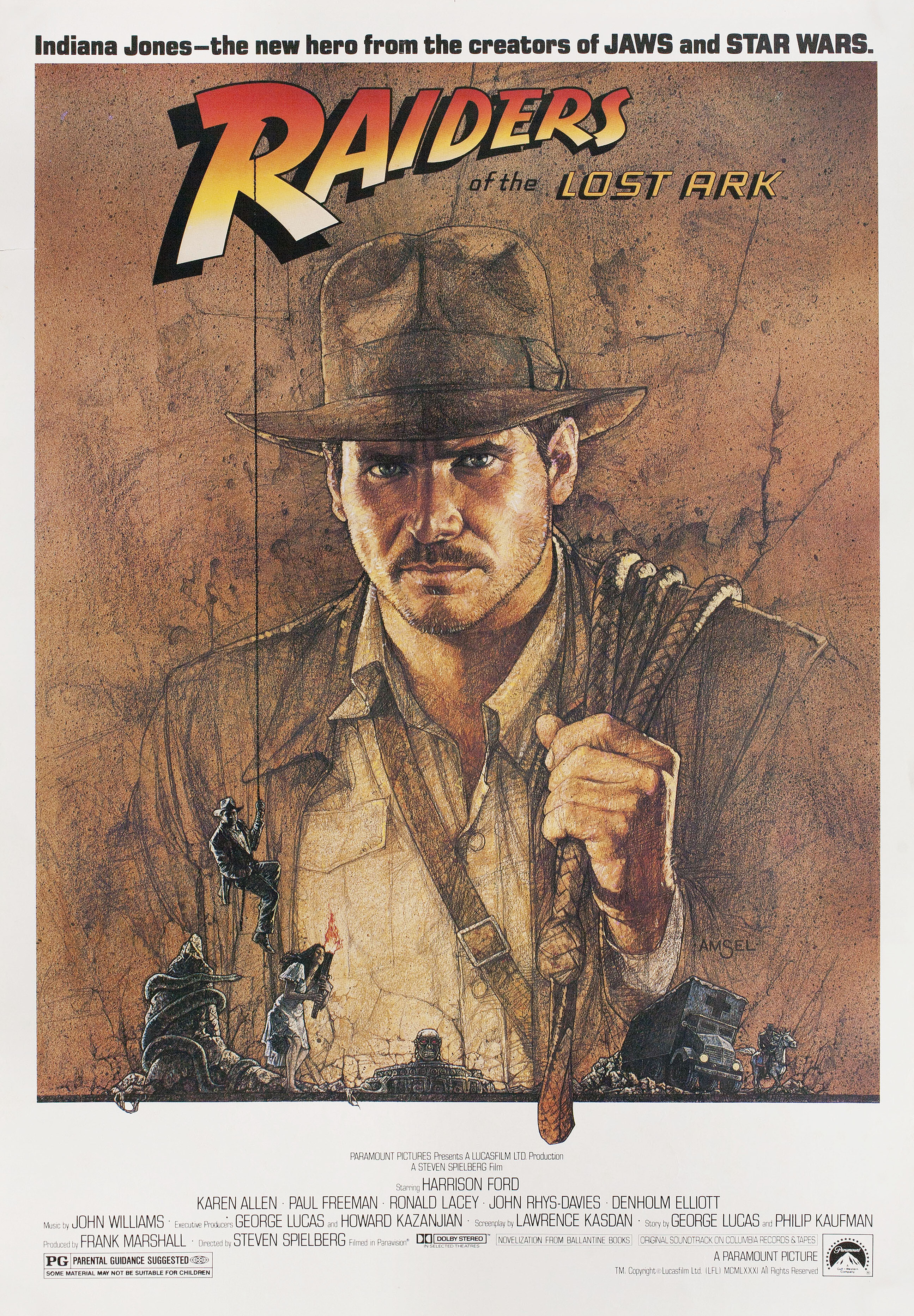 Индиана Джонс: В поисках утраченного ковчега (Raiders of the Lost Ark, 1981), режиссёр Стивен Спилберг, американский постер к фильму, автор Ричард Амзель, 1981 год (3)