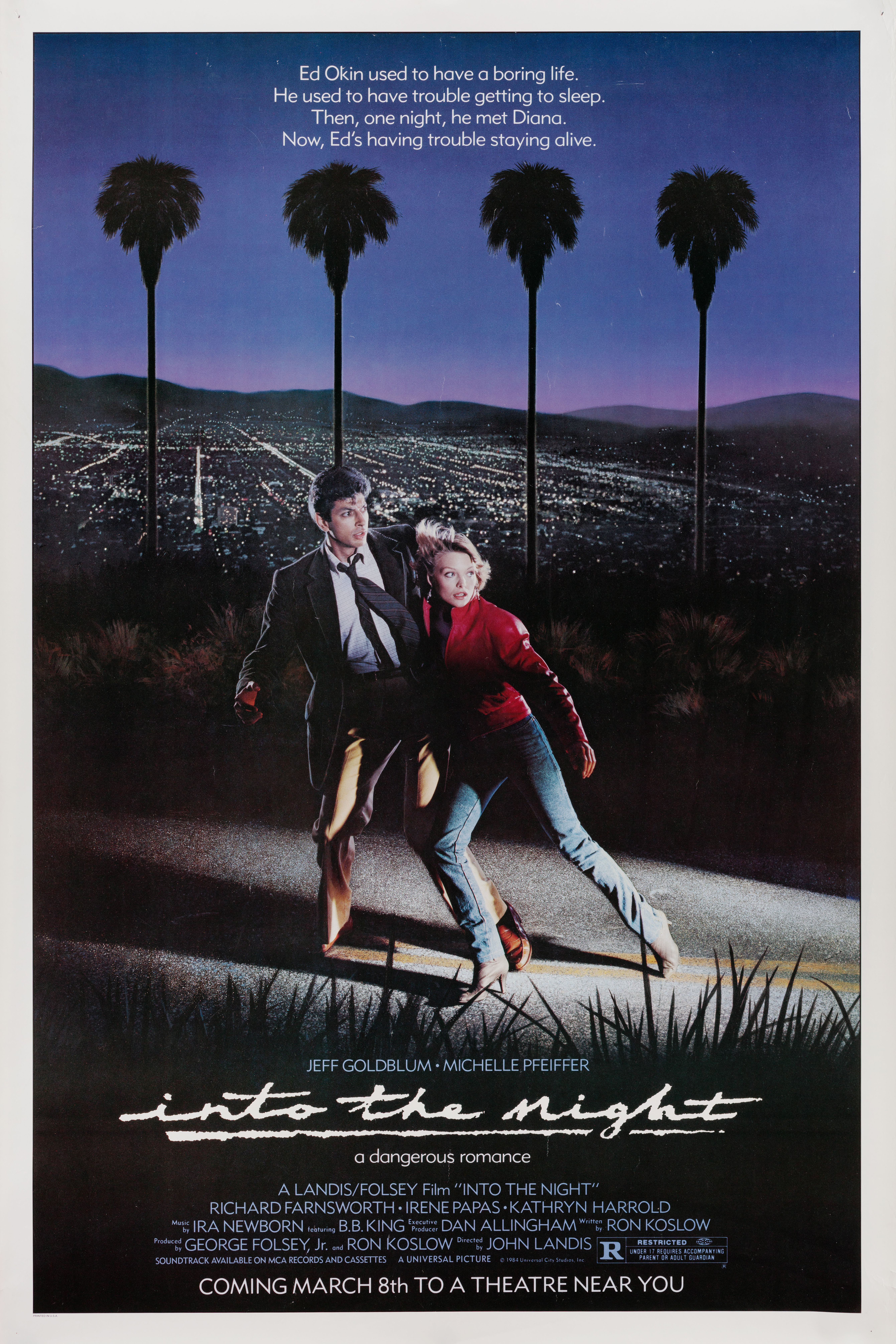 В ночи (Into the Night, 1985), режиссёр Джон Лэндис, американский постер к фильму, 1985 год