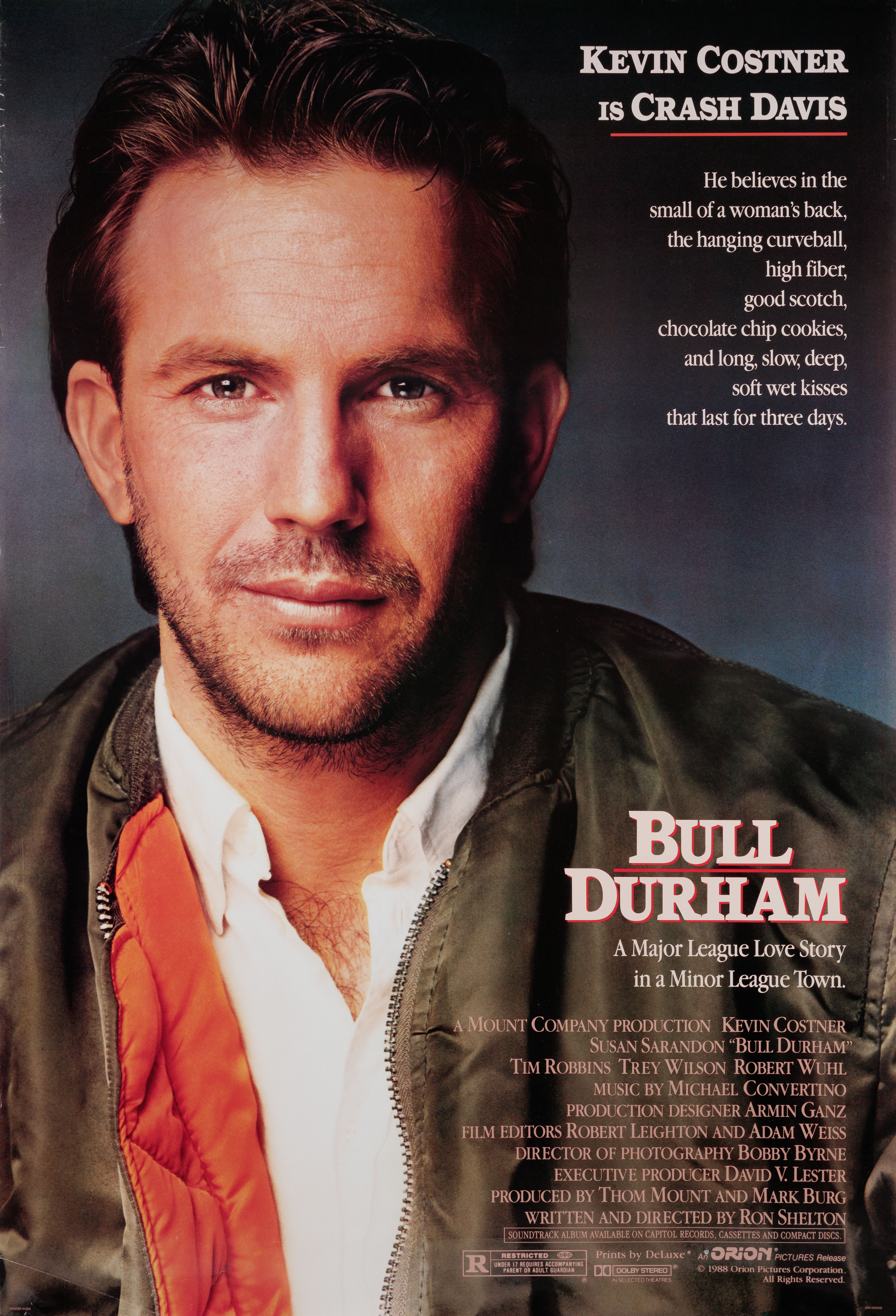 Дархэмские быки (Bull Durham, 1988), режиссёр Рон Шелтон, американский постер к фильму, 1988 год
