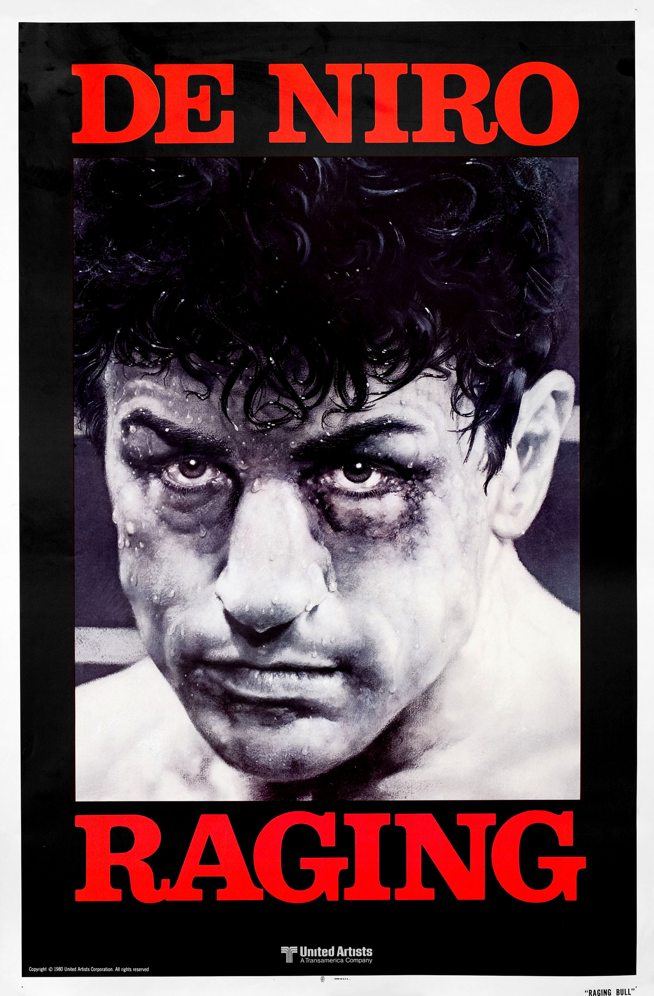 Бешеный бык (Raging Bull, 1980), режиссёр Мартин Скорсезе, американский постер к фильму, автор Кунио Хаджио, 1980 год