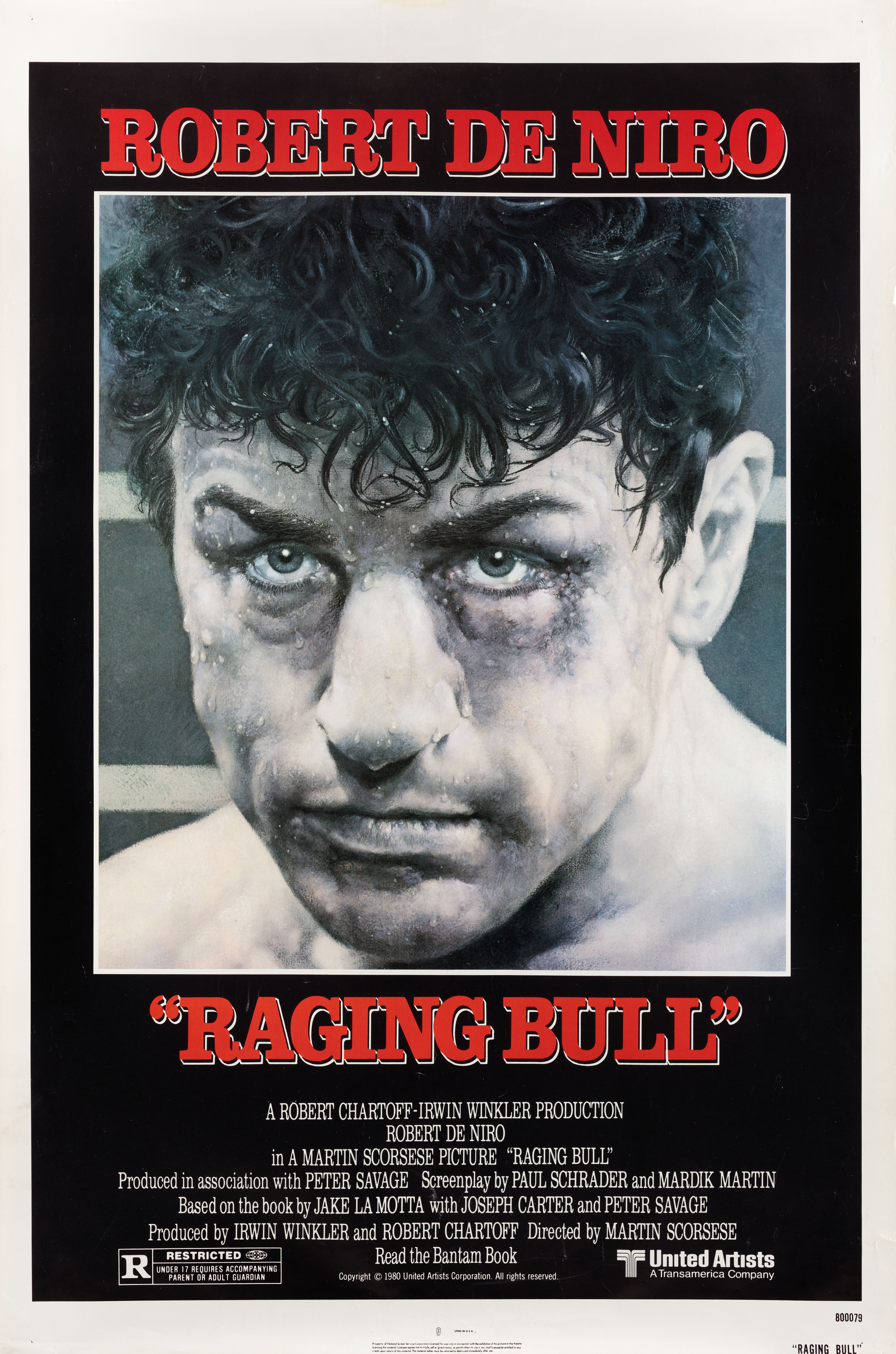 Бешеный бык (Raging Bull, 1980), режиссёр Мартин Скорсезе, американский постер к фильму, автор Кунио Хаджио, 1980 год (2)