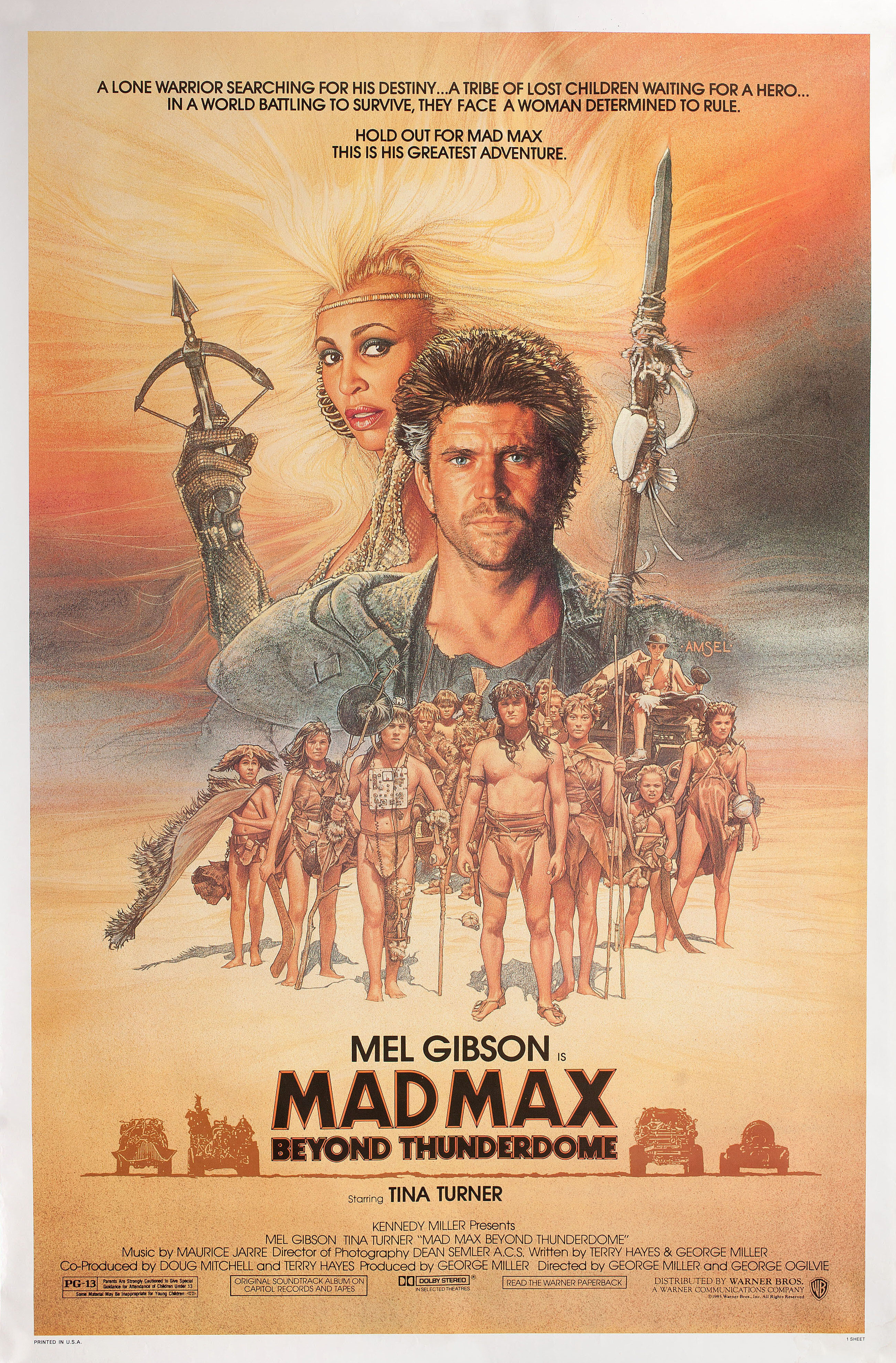 Безумный Макс 3: Под куполом грома (Mad Max Beyond Thunderdome, 1985), режиссёр Джордж Миллер, американский постер к фильму, автор Ричард Амзель, 1985 год
