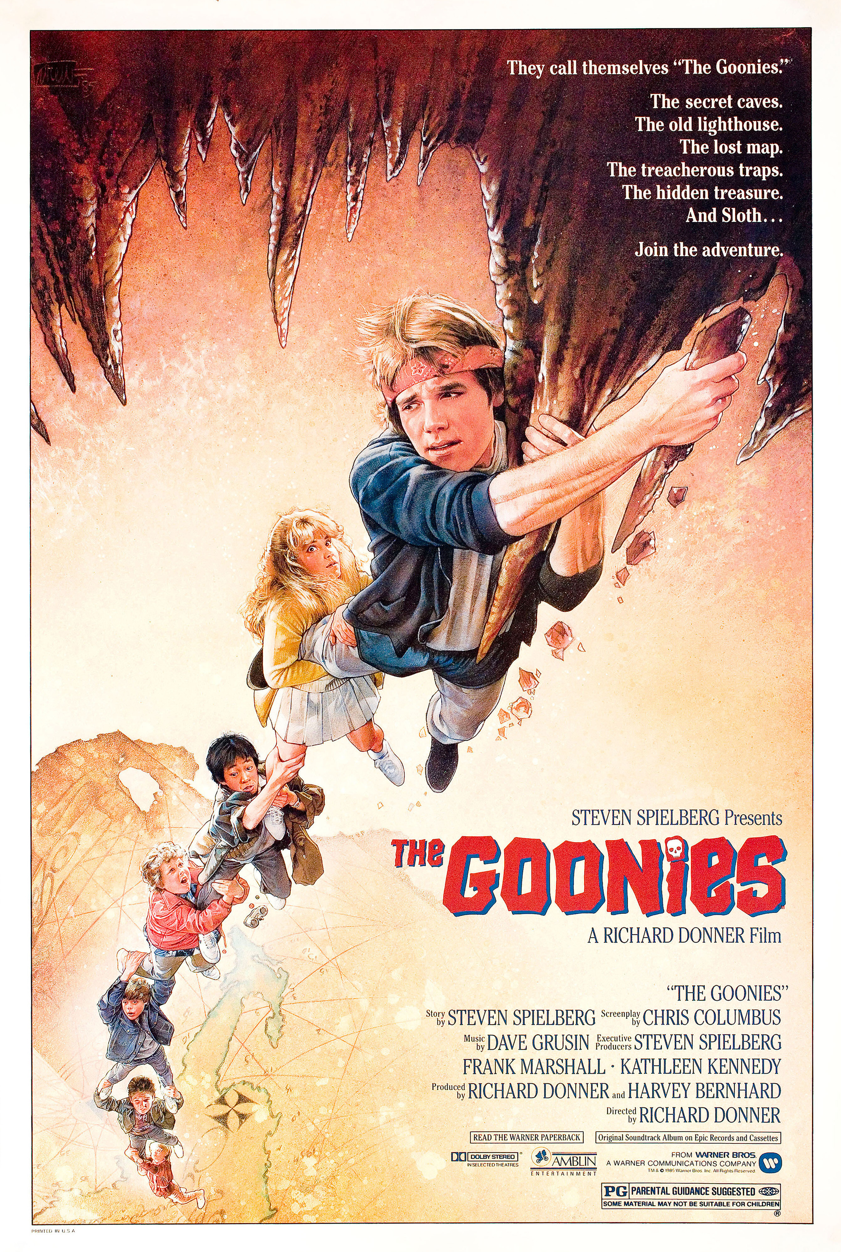Балбесы (The Goonies, 1985), режиссёр Ричард Доннер, американский постер к фильму, автор Дрю Струзан, 1985 год