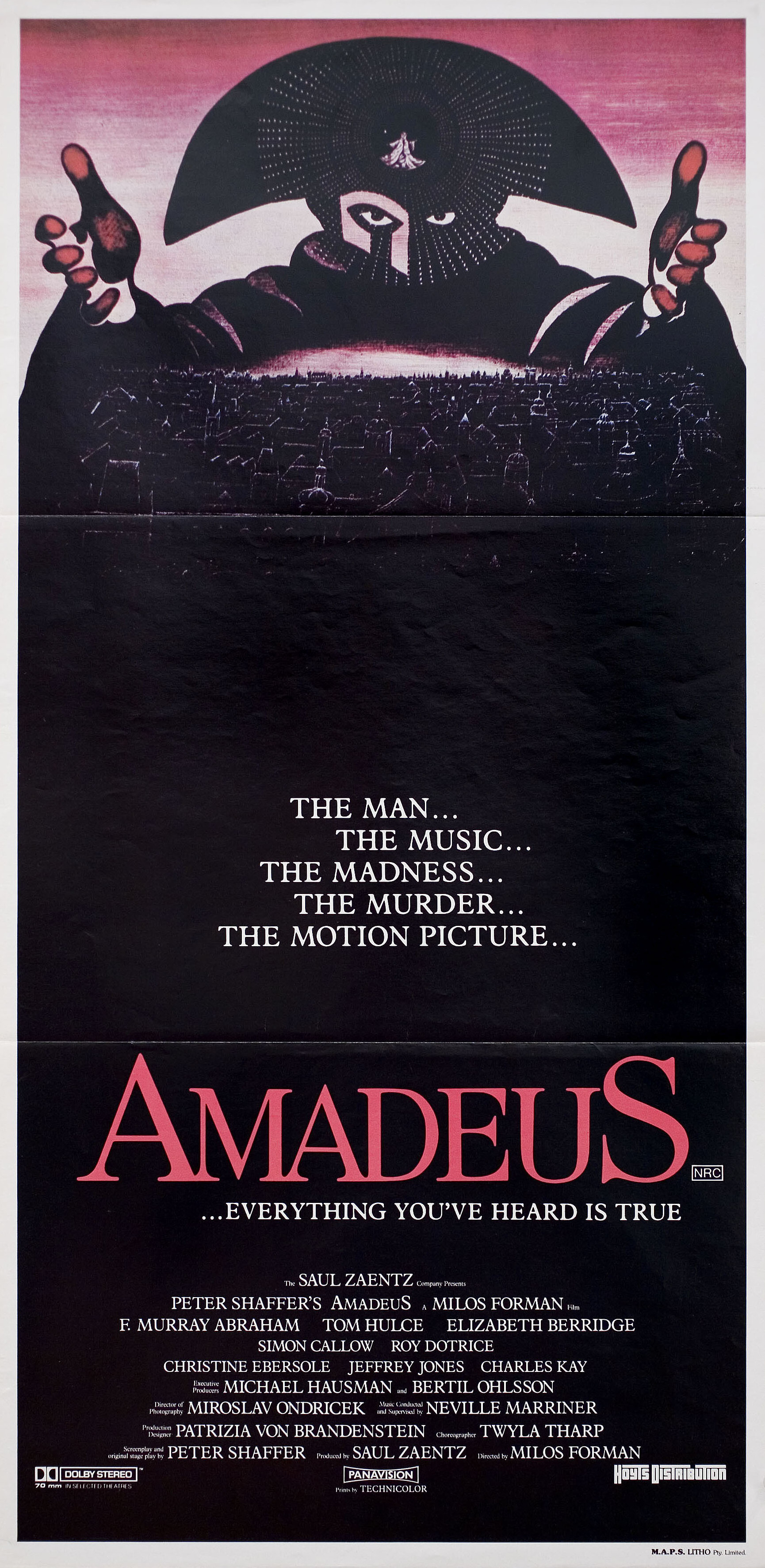 Амадей (Amadeus, 1984), режиссёр Милош Форман, австралийский постер к фильму, 1984 год