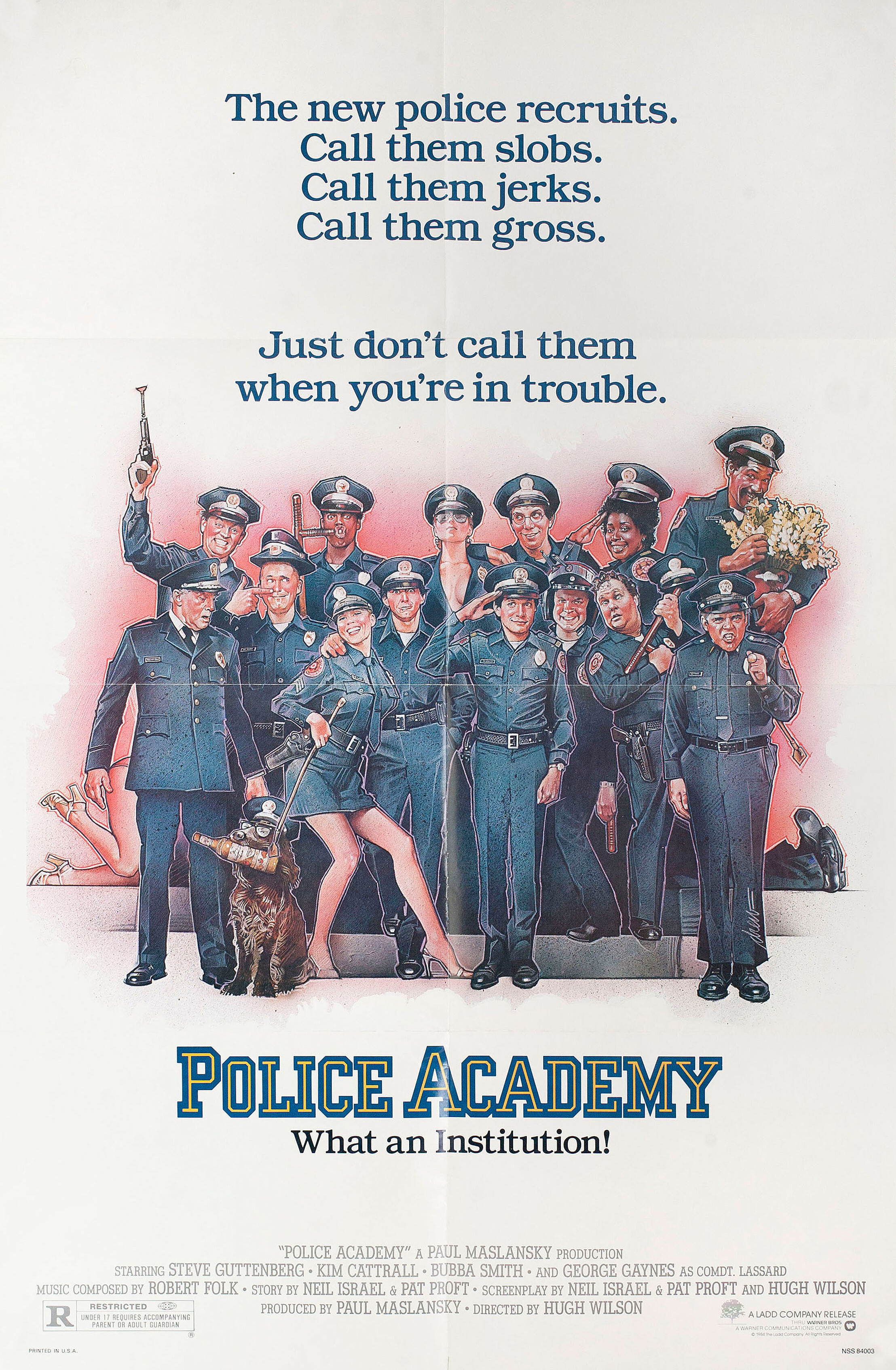 Полицейская академия (Police Academy, 1984), режиссёр Хью Уилсон, американский постер к фильму, автор Дрю Струзан, 1984 год