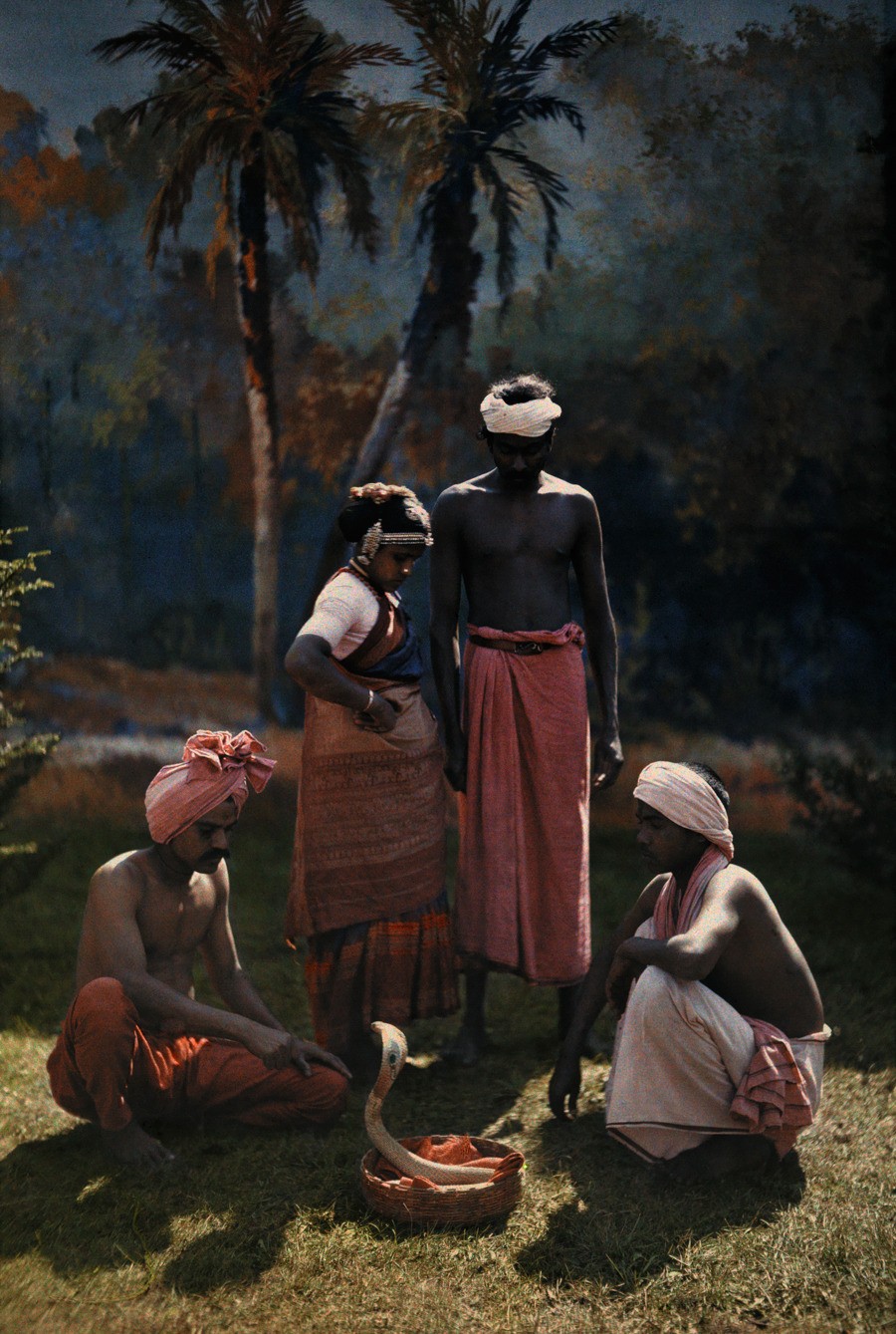 Заклинатель змей в Индии, 1923. Автохром, фотограф Ганс Хильденбранд