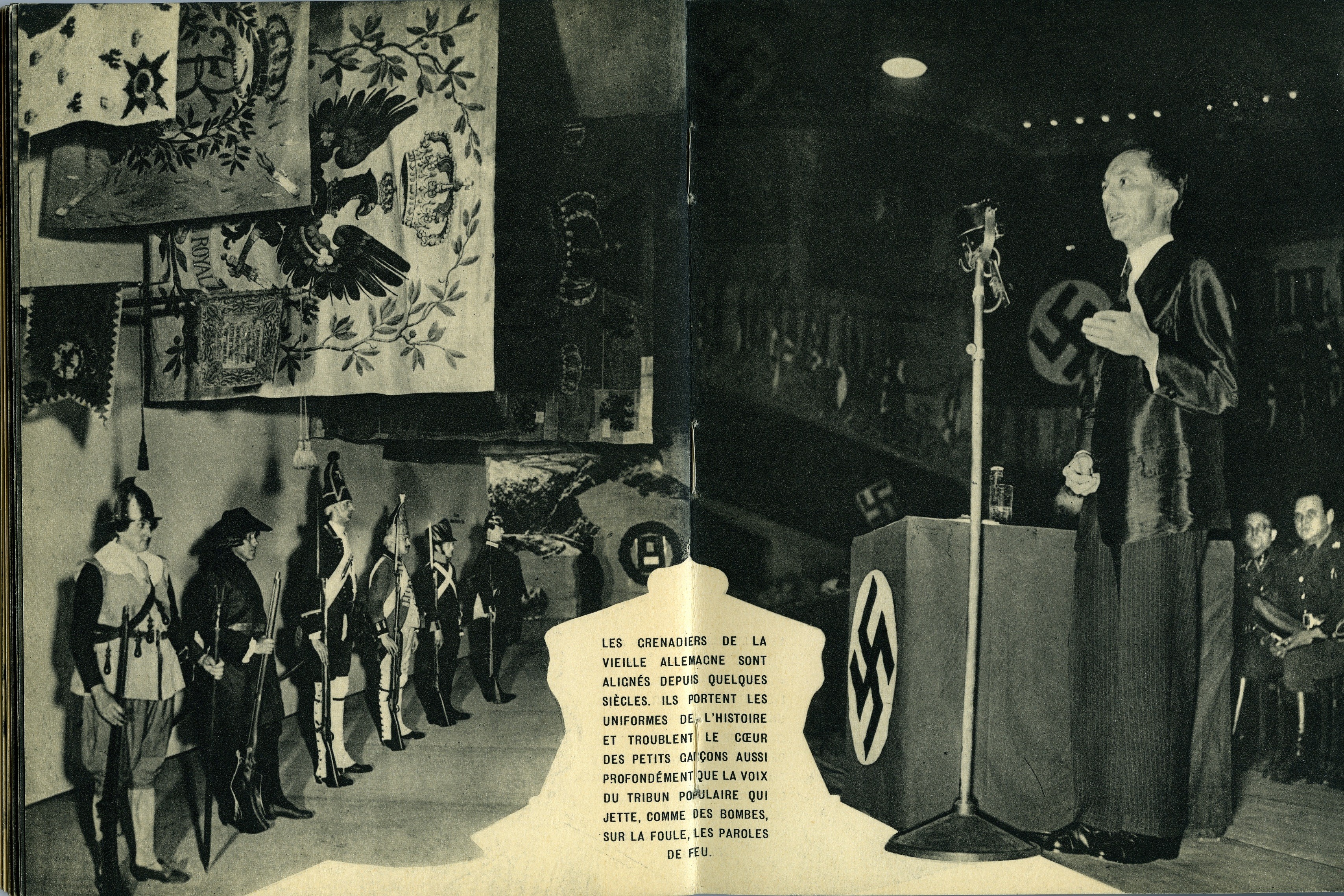 Гренадеры старой Германии в мундирах и оратор на трибуне. Из фотокниги «Берлин», 1930-е. Автор Пьер Мак-Орлан