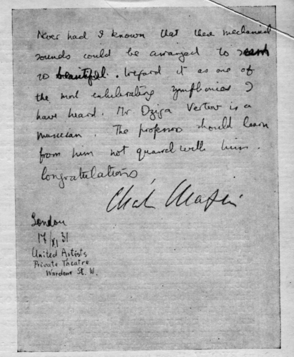 Письмо Вертову от Чарли Чаплина