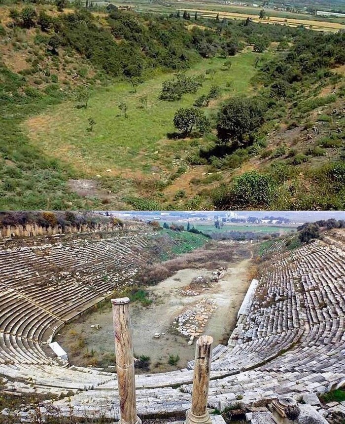 До и после раскопок стадиона древнего города в Ионии Магнесия-на-Меандре
