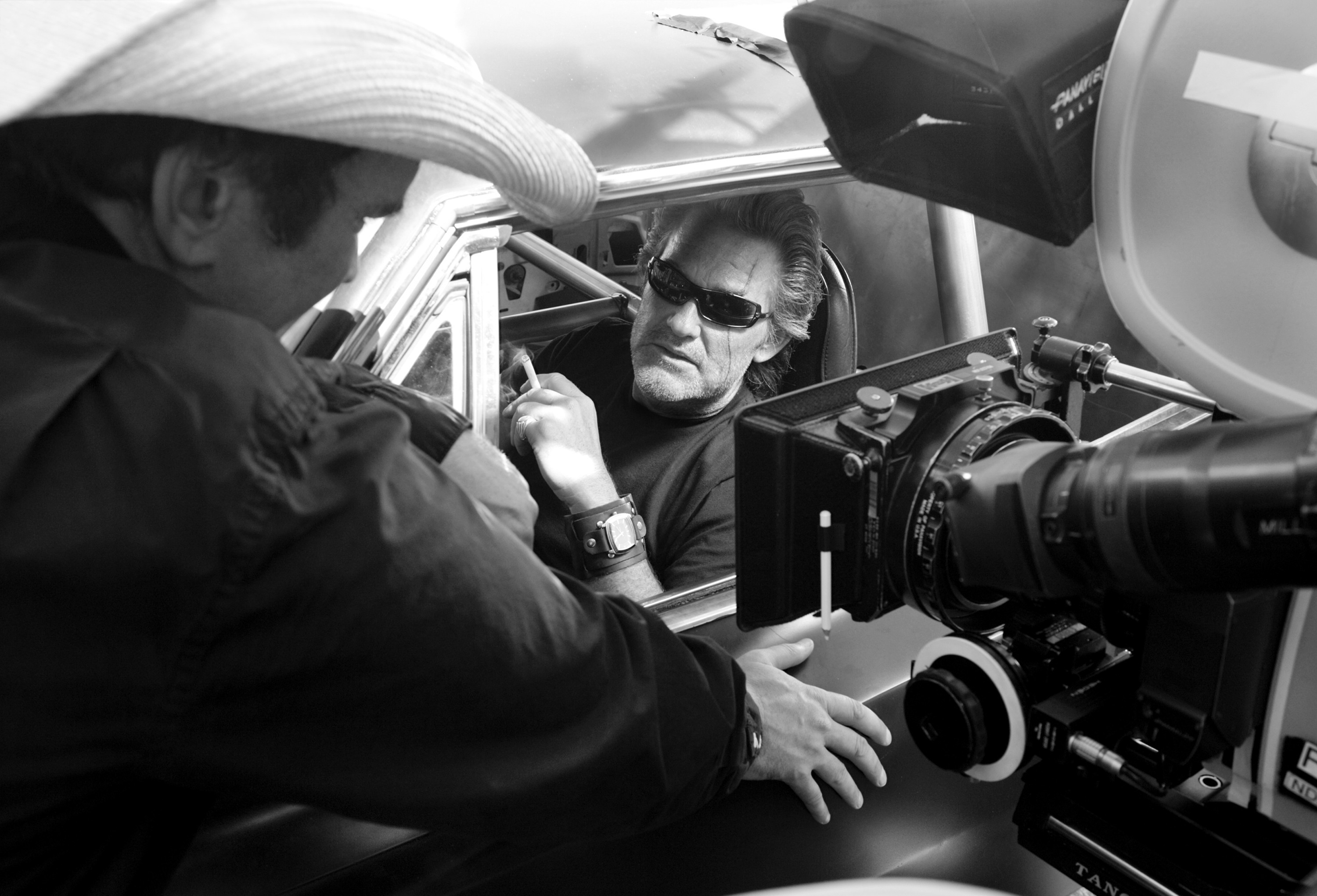Квентин Тарантино и Курт Рассел на съёмках фильма Доказательство смерти, 2007