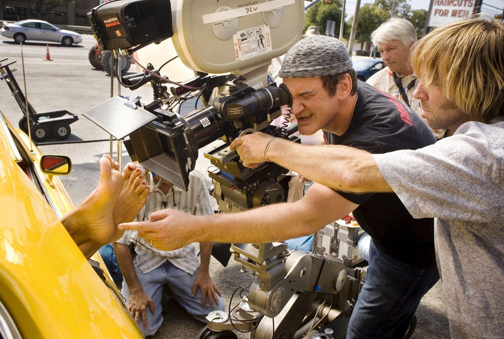 Квентин Тарантино на съёмках фильма Доказательство смерти, 2007